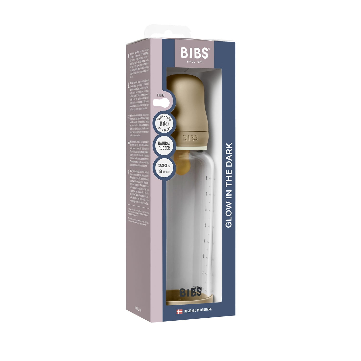 BIBS Glass Baby Bottle Round Latex 1 pack 240 ml Medium Flow Vanilla GLOW