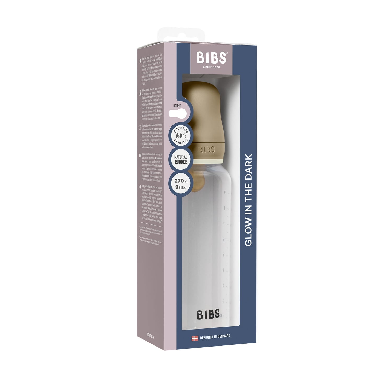 BIBS Baby Bottle Round Latex 1 pack 270 ml Medium Flow Vanilla GLOW