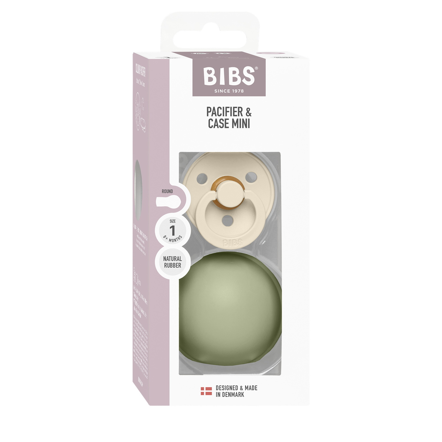 BIBS Colour Pacifier Round Latex Size 1 Ivory & BIBS Pacifier Case Mini Sage