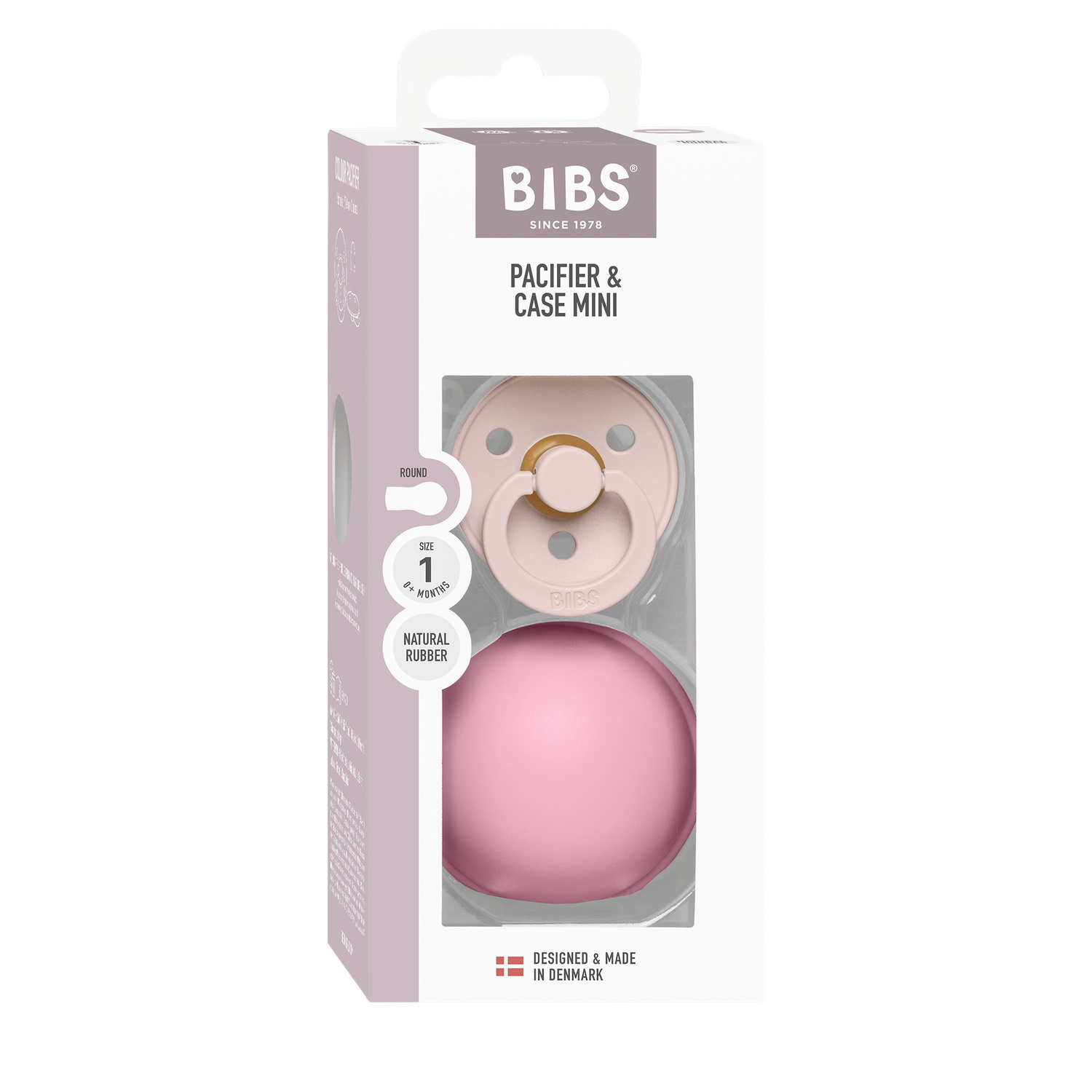 BIBS Colour Pacifier Round Latex Size 1 Petal & BIBS Pacifier Case Mini Baby Pink
