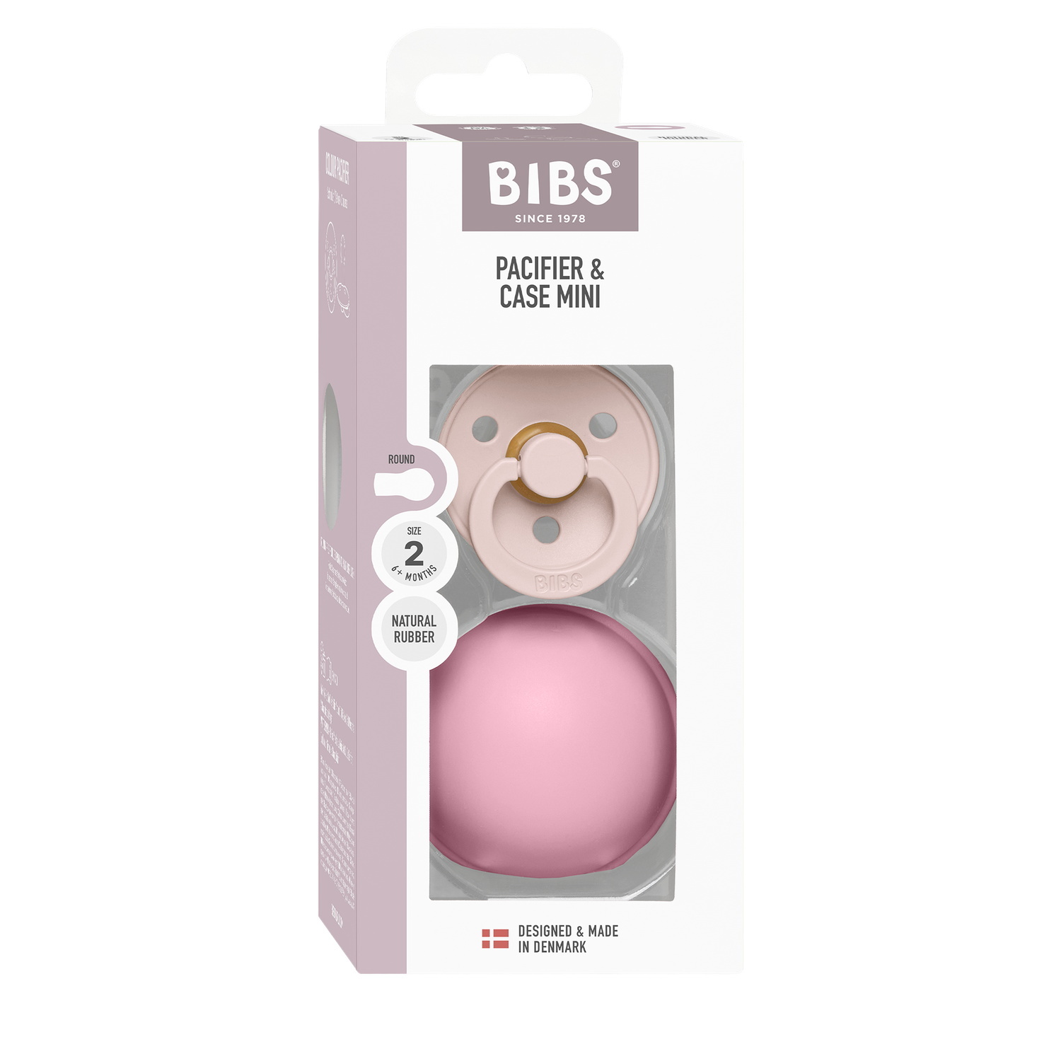 BIBS Colour Pacifier Round Latex Size 2 Petal & BIBS Pacifier Case Mini Baby Pink