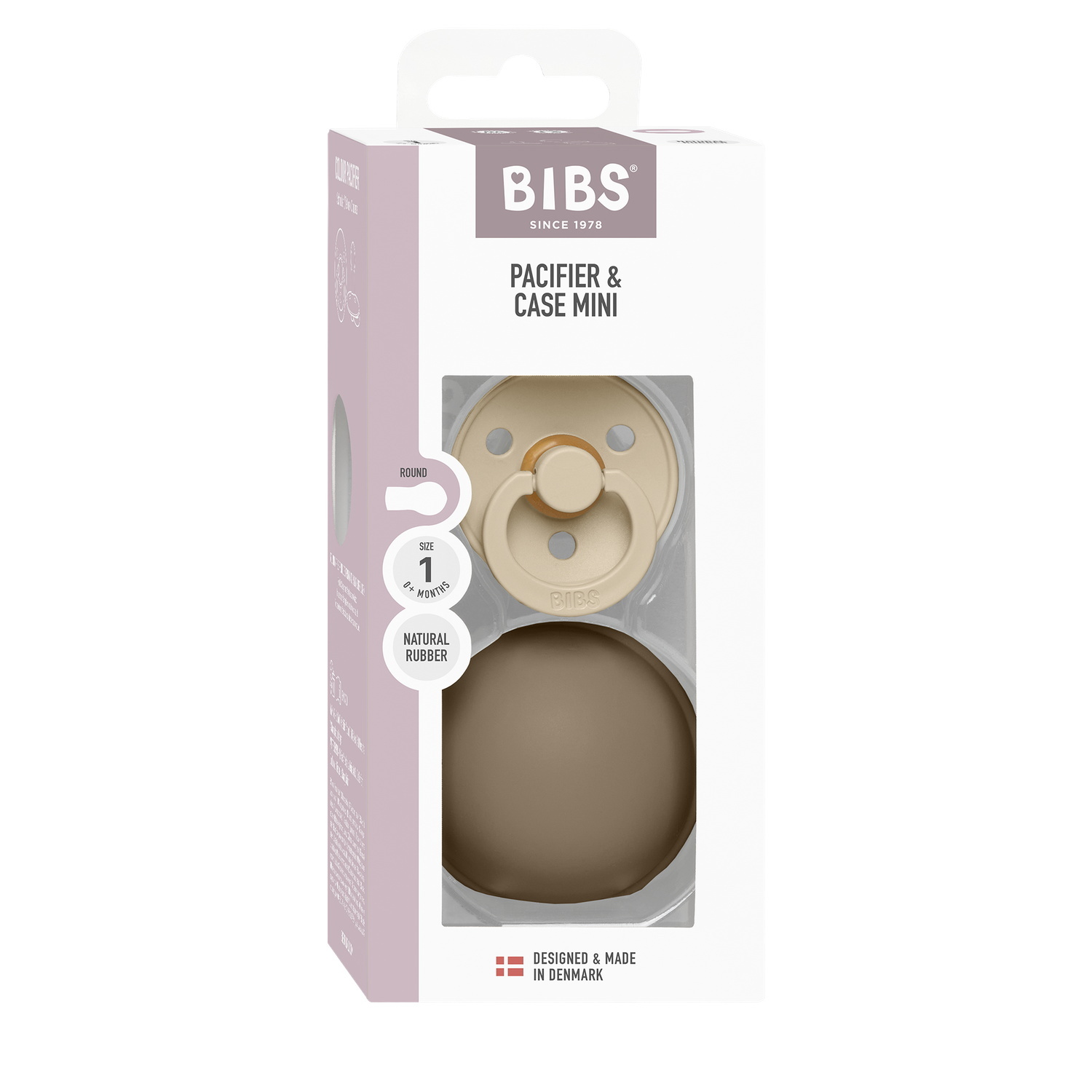 BIBS Colour Pacifier Round Latex Size 1 Vanilla & Pacifier Case Mini Dark Oak