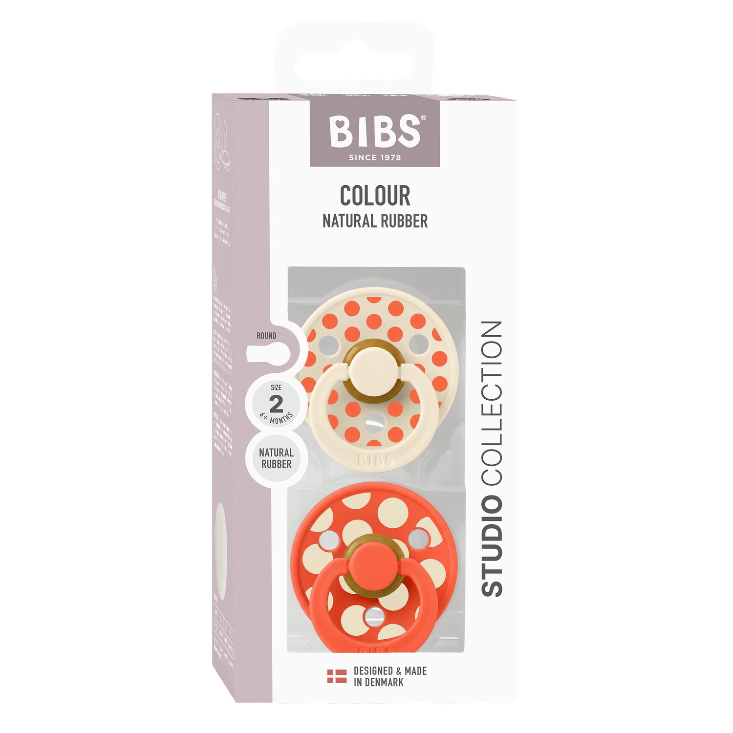 BIBS Pacifier Studio Colour 2 PACK Polka Mix Latex Size 2 Ivory/Tango
