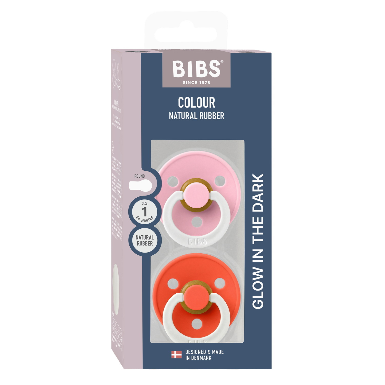 BIBS Pacifier Colour 2 PACK Latex Size 1 Baby Pink GLOW/Tango GLOW