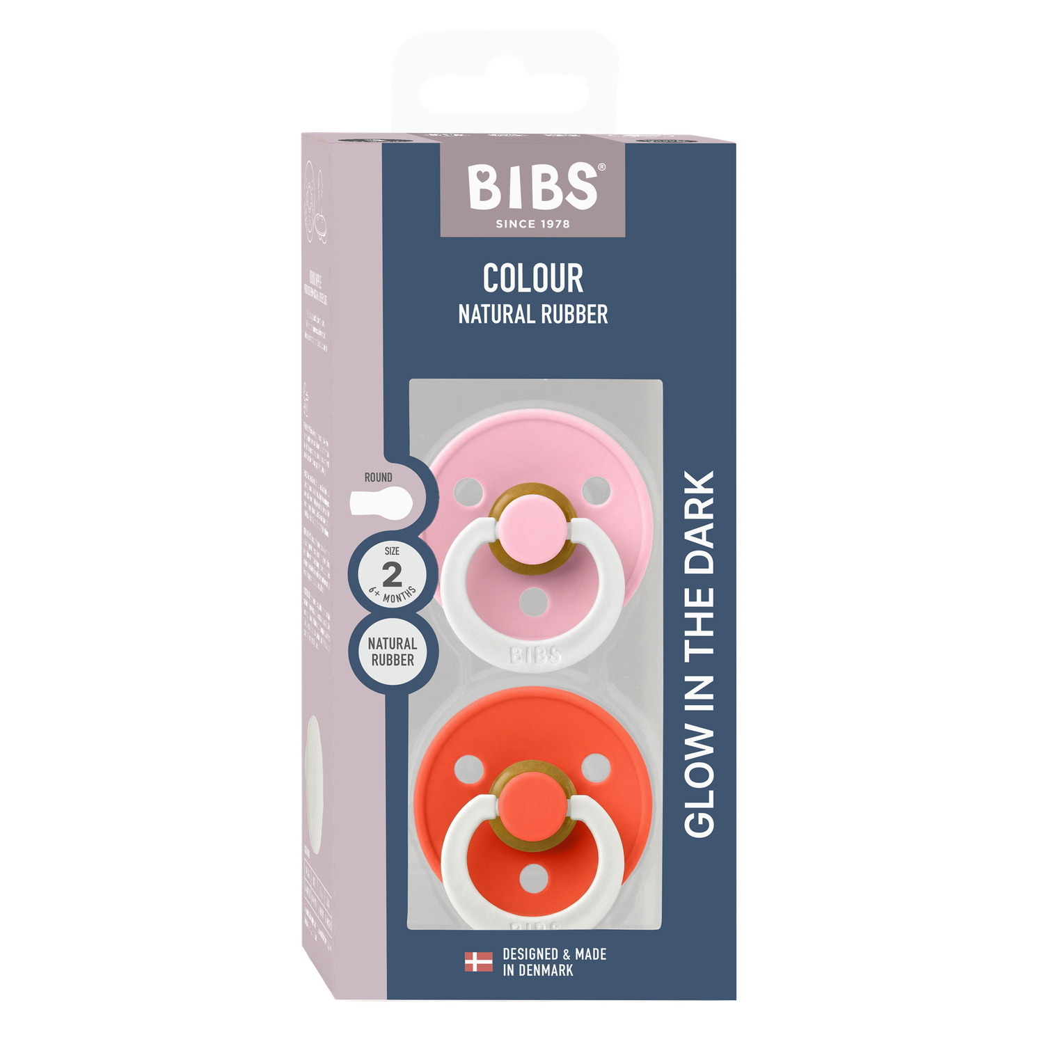 BIBS Pacifier Colour 2 PACK Latex Size 2 Baby Pink GLOW/Tango GLOW