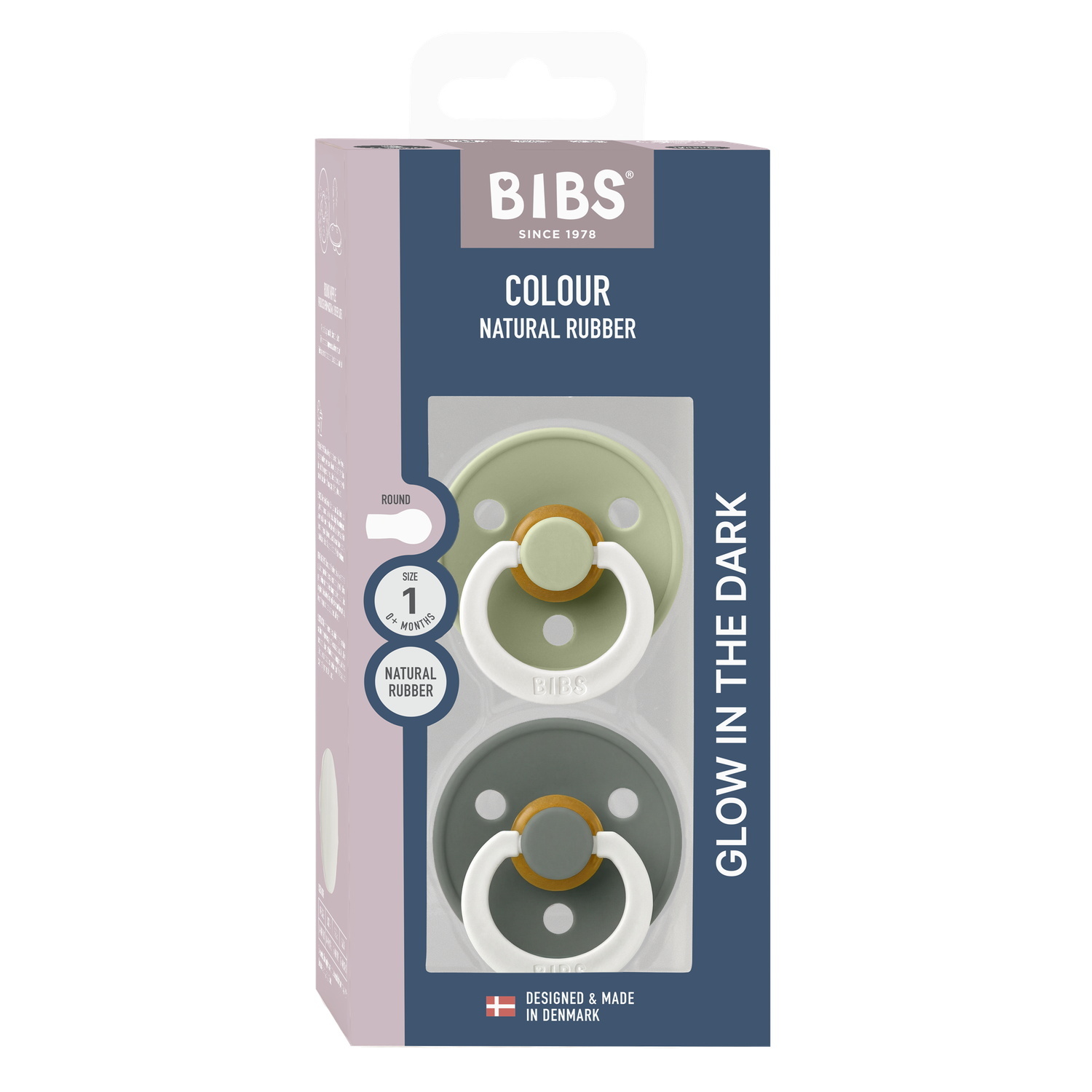 BIBS Pacifier Colour 2 PACK Latex Size 1 Sage GLOW/Pine GLOW