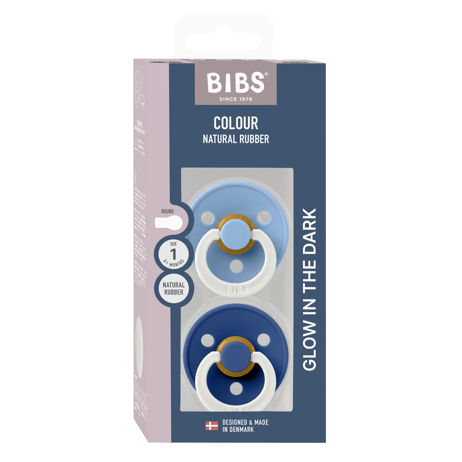 BIBS Pacifier Colour 2 PACK Latex Size 1 Sky Blue GLOW/Cornflower GLOW