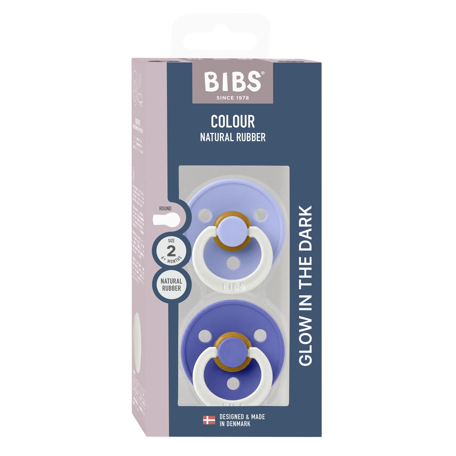 BIBS Pacifier Colour 2 PACK Latex Size 2 Hush GLOW/Grape GLOW