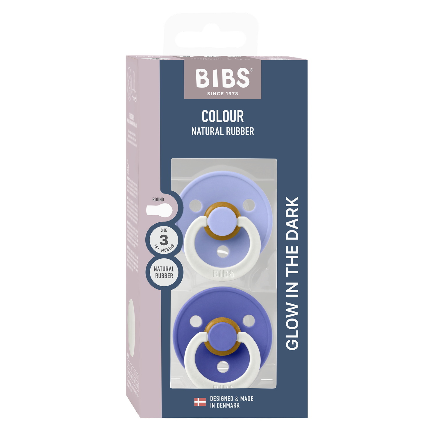 BIBS Pacifier Colour 2 PACK Latex Size 3 Hush GLOW/Grape GLOW