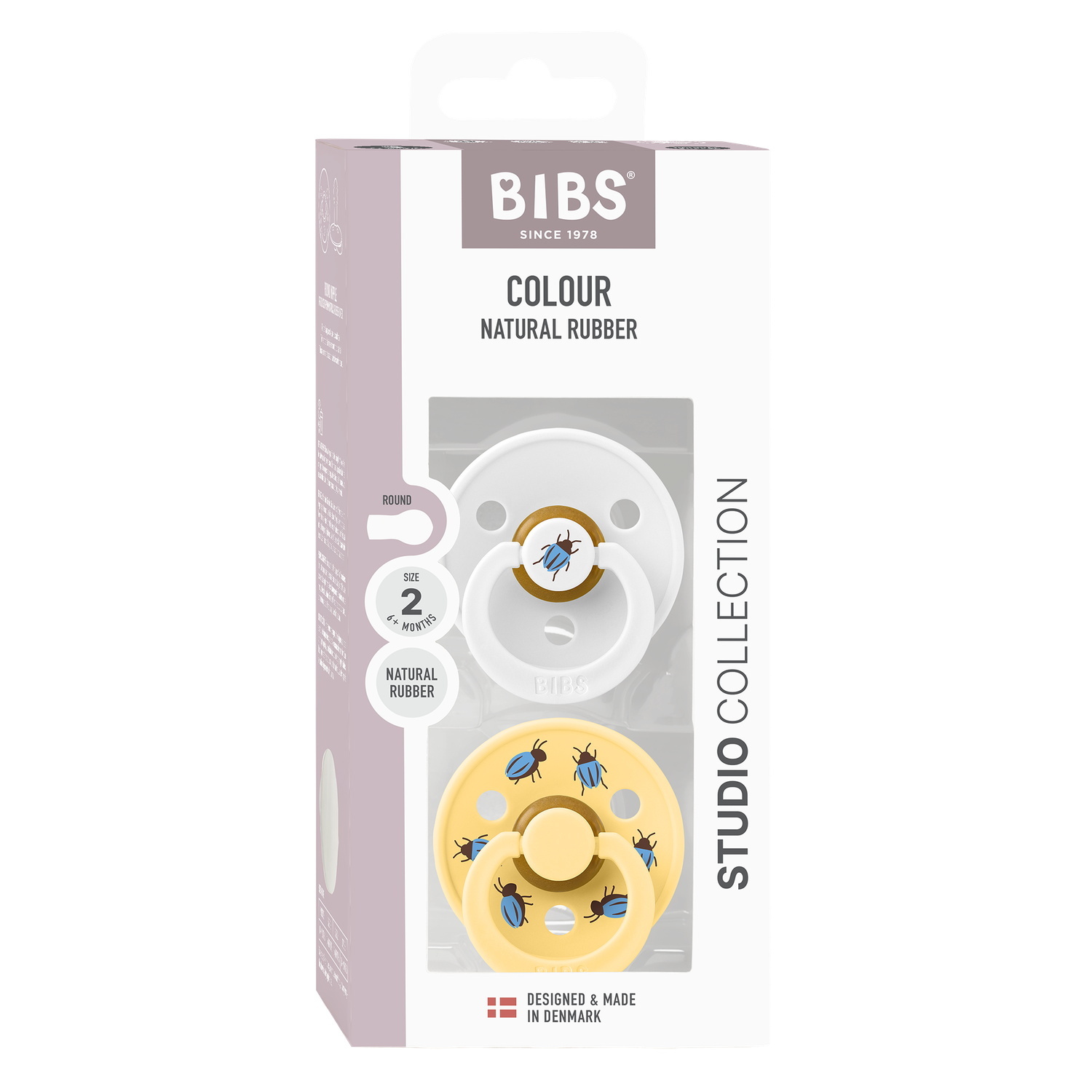 BIBS Studio Colour Pacifier Beetle Mix 2 pack Latex Size 2 Round White/Pale Butter