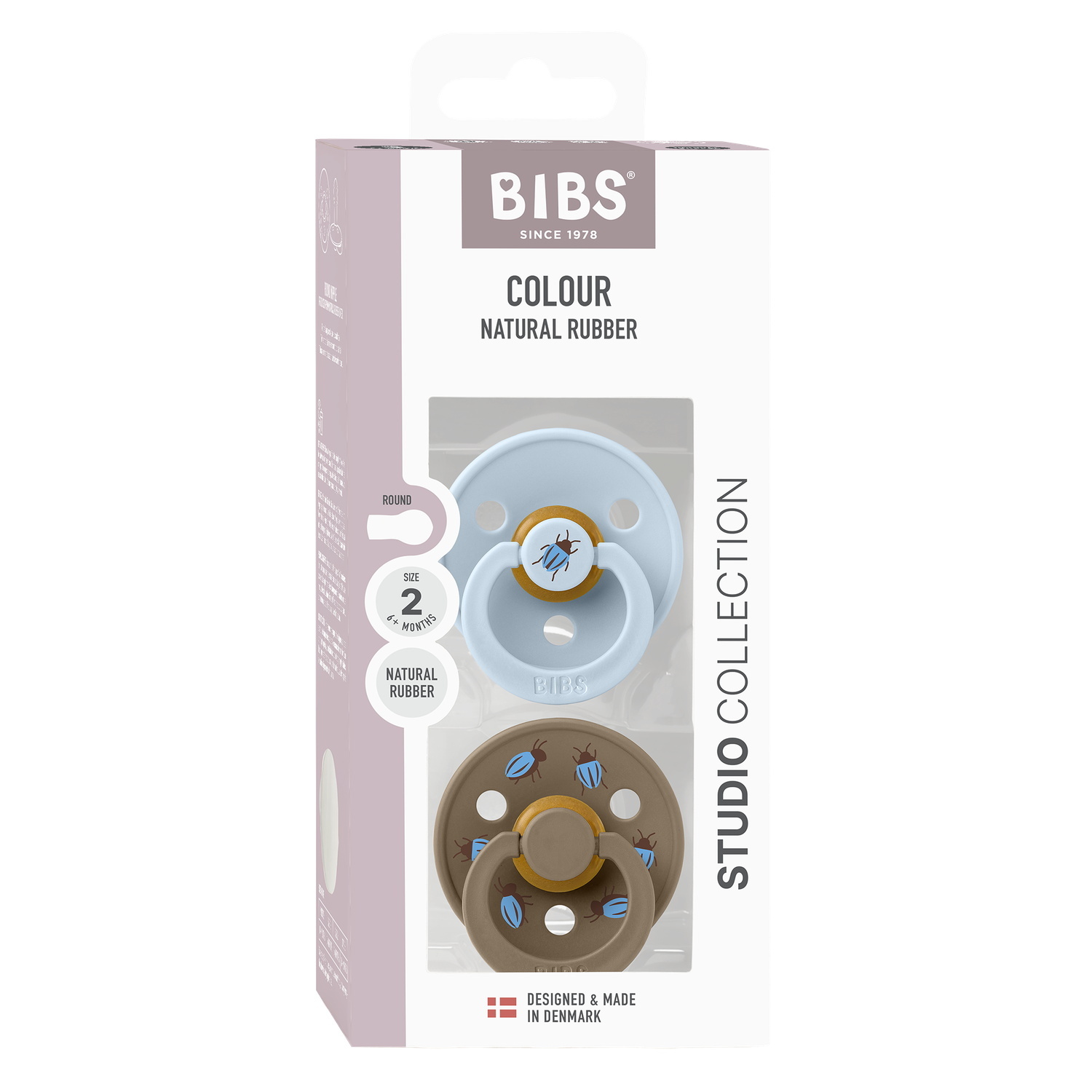 BIBS Studio Colour Pacifier Beetle Mix 2 pack Latex Size 2 Round Baby Blue/Dark Oak