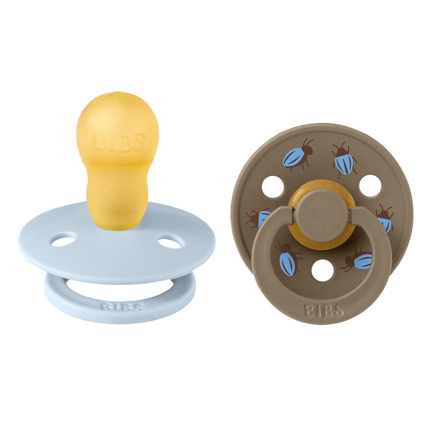 BIBS Studio Colour Pacifier Beetle Mix 2 pack Latex Size 3 Round Baby Blue/Dark Oak