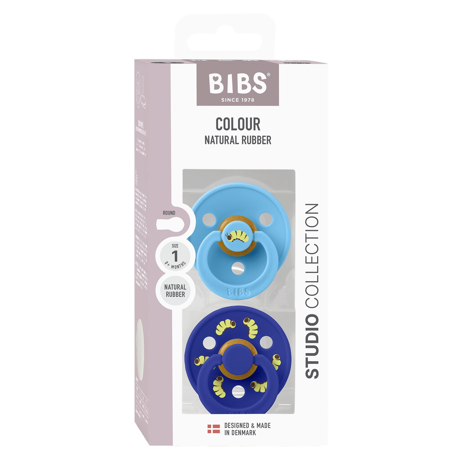 BIBS Studio Colour Pacifier Caterpillar Mix 2 pack Latex Size 1 Round Breeze/Sonic