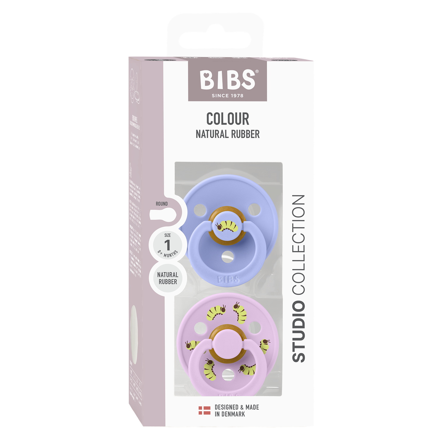 BIBS Studio Colour Pacifier Caterpillar Mix 2 pack Latex Size 1 Round Hush/Violet Sky