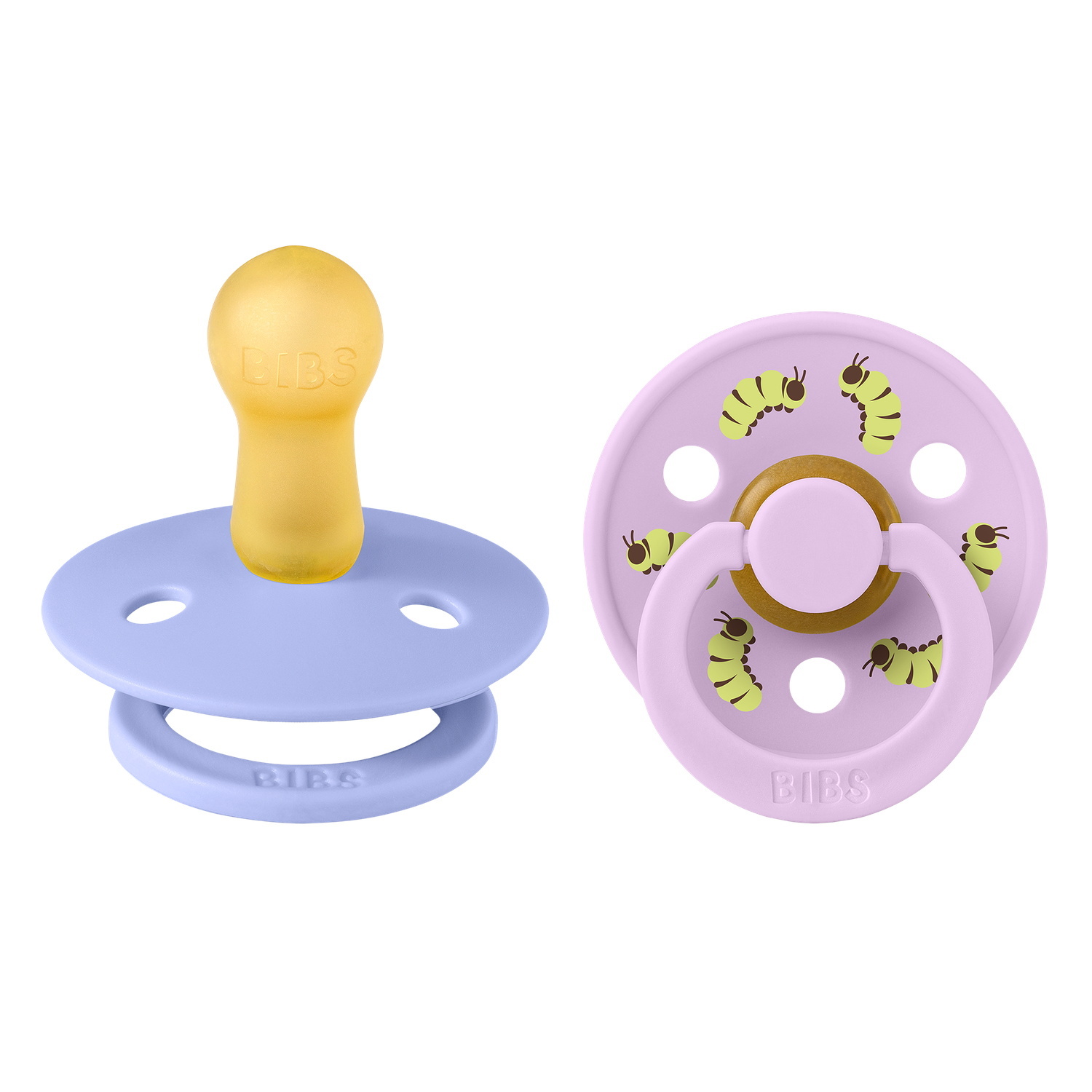 BIBS Studio Colour Pacifier Caterpillar Mix 2 pack Latex Size 2 Round Hush/Violet Sky