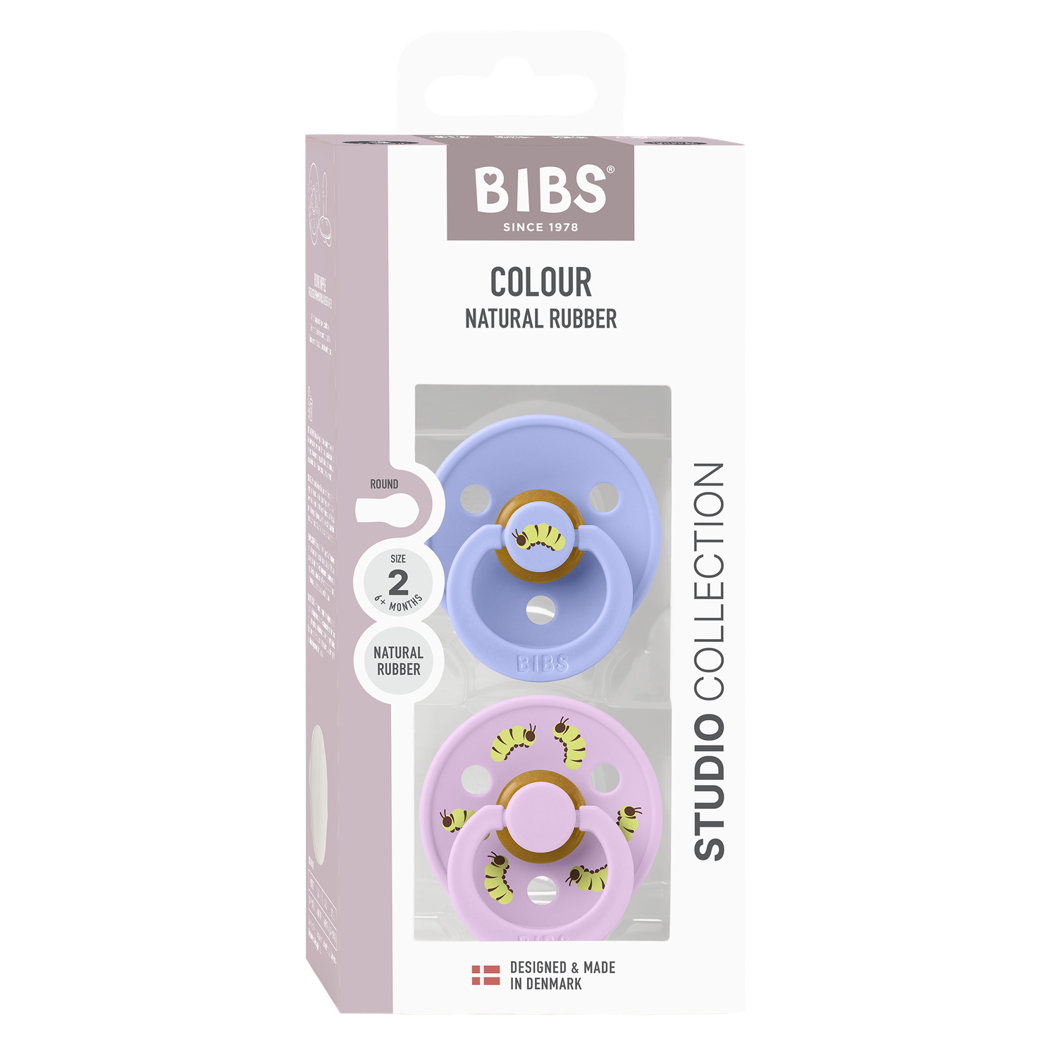 BIBS Studio Colour Pacifier Caterpillar Mix 2 pack Latex Size 2 Round Hush/Violet Sky