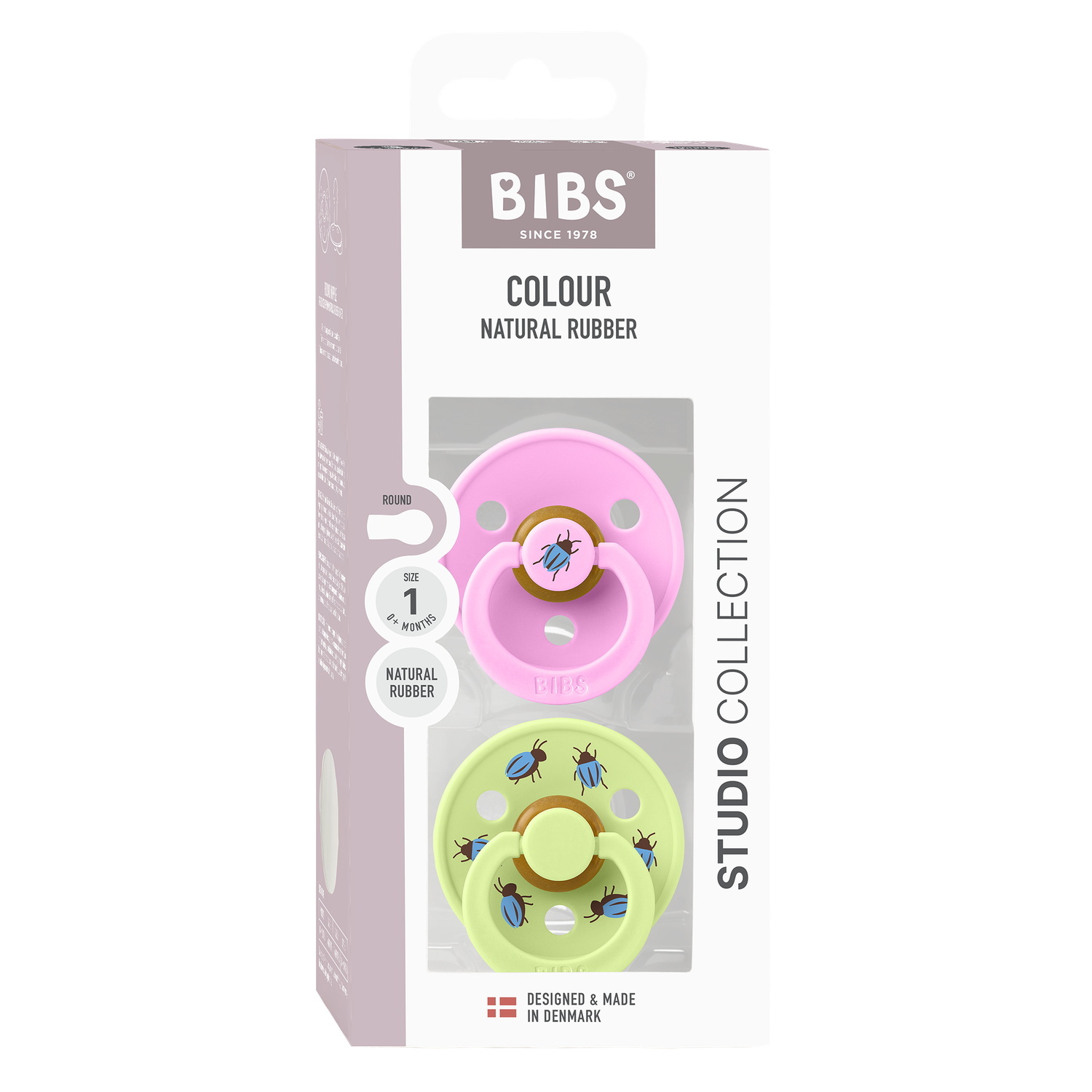 BIBS Studio Colour Pacifier Beetle Mix 2 pack Latex Size 1 Round Ballet/Matcha