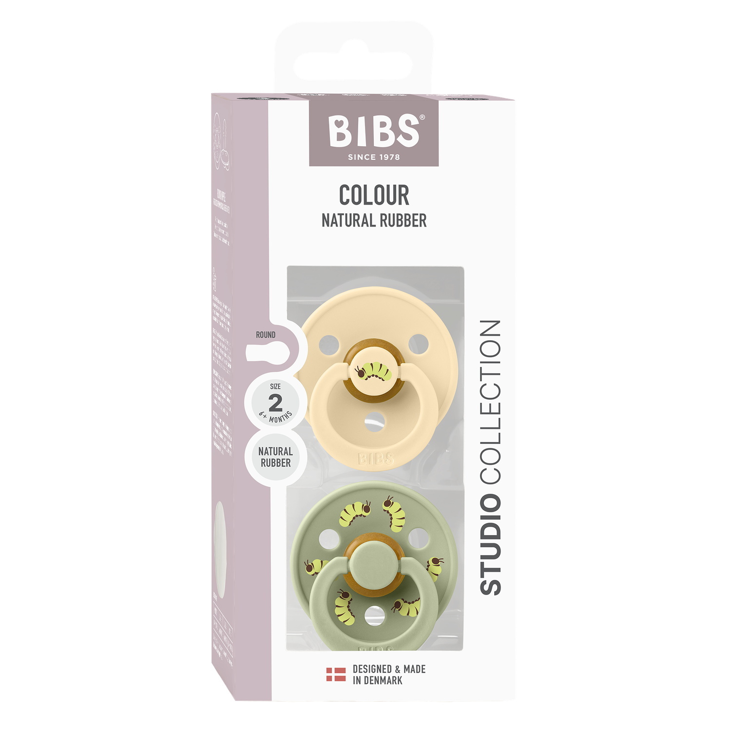 BIBS Studio Colour Pacifier Caterpillar Mix 2 pack Latex Size 2 Round Silk/Sage