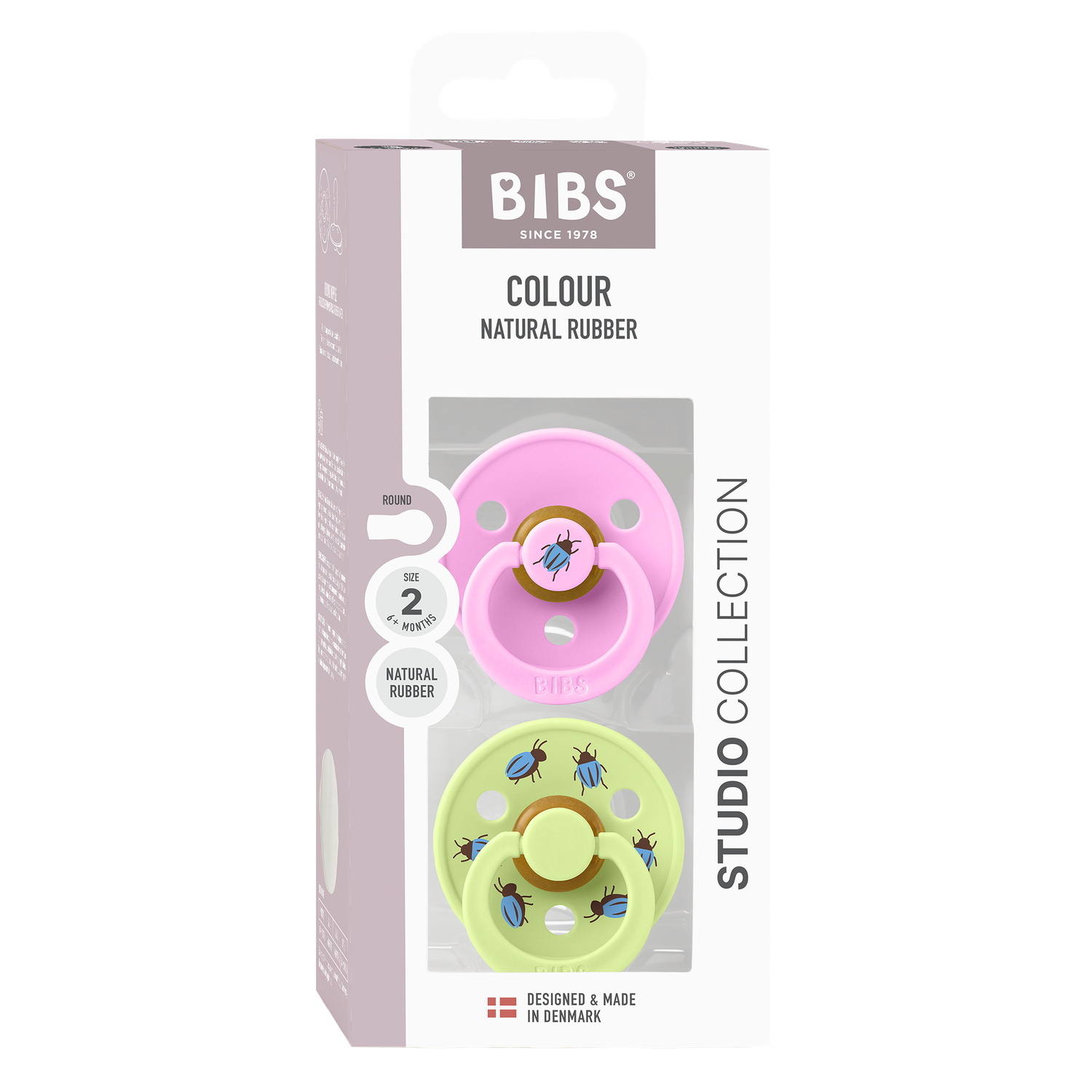 BIBS Studio Colour Pacifier Beetle Mix 2 pack Latex Size 2 Round Ballet/Matcha