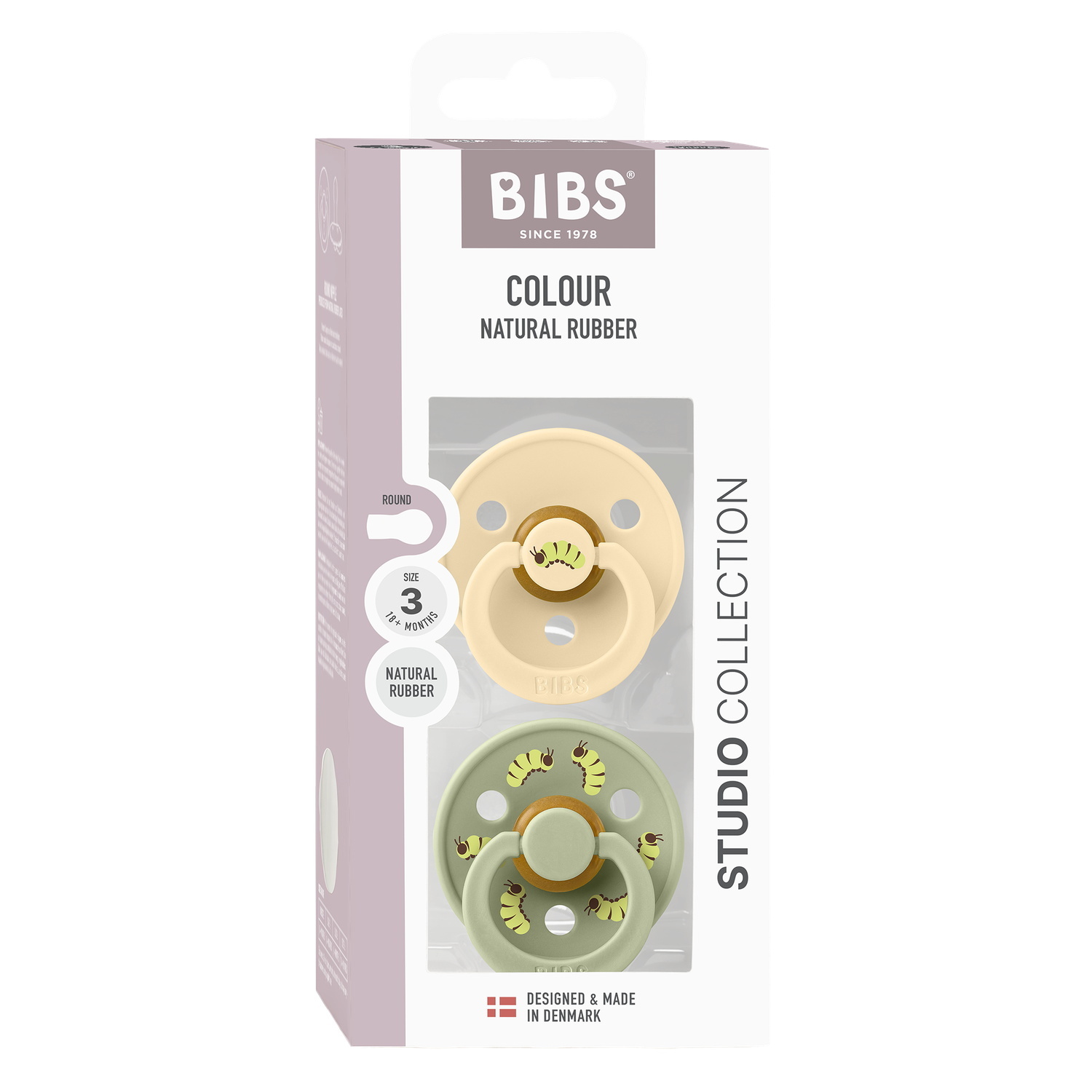 BIBS Studio Colour Pacifier Caterpillar Mix 2 pack Latex Size 3 Round Silk/Sage