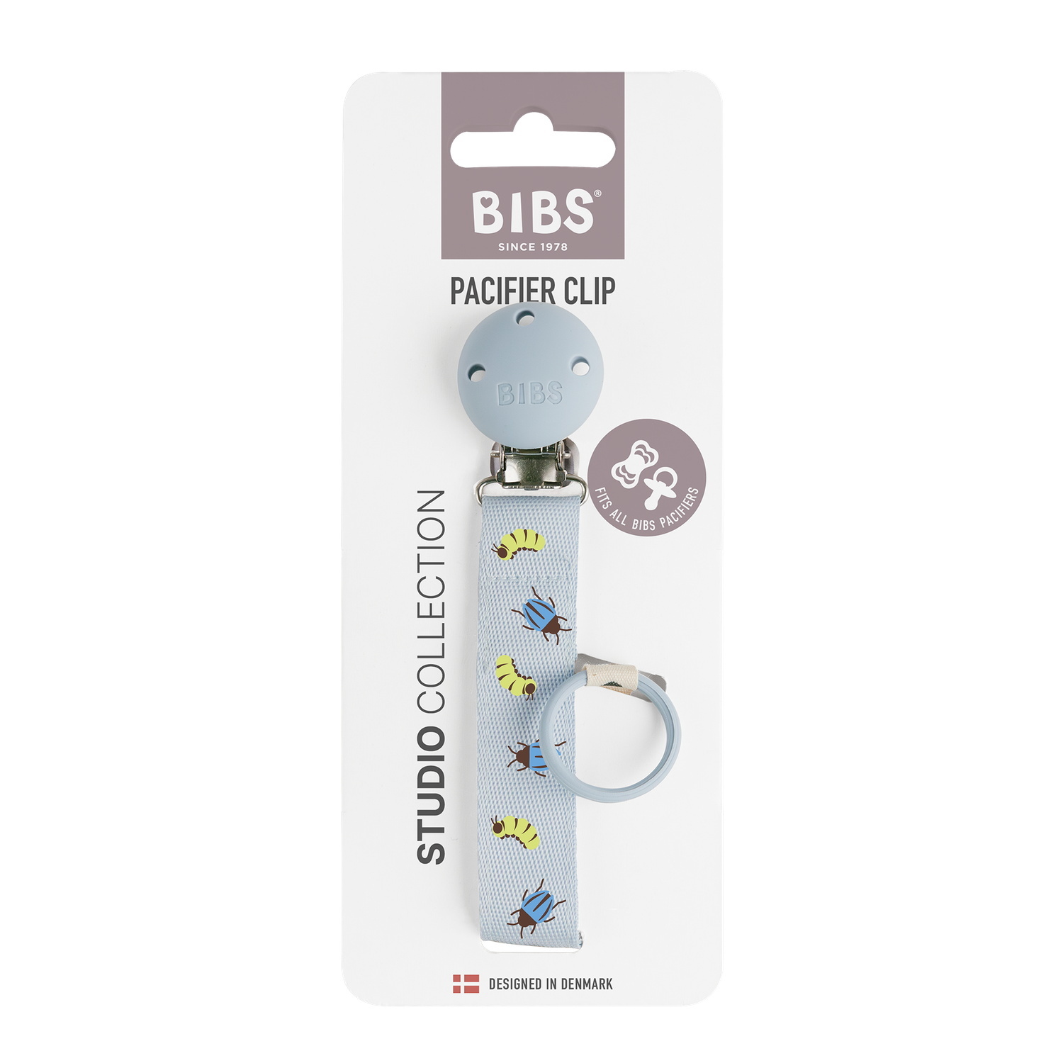 BIBS Studio Pacifier Clip Ribbon Caterpillar Beetle Mix Dusty Blue