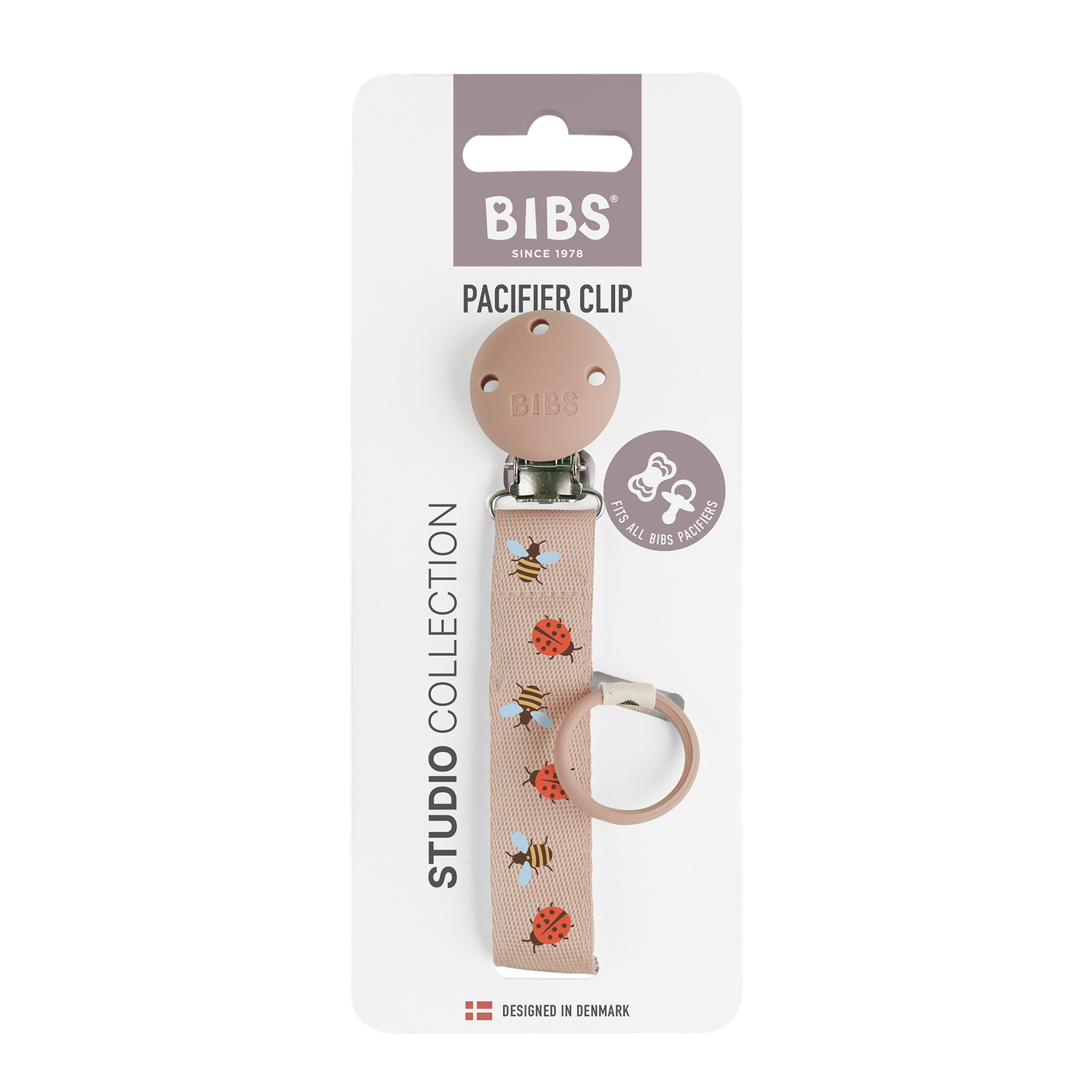 BIBS Studio Pacifier Clip Ribbon Ladybug Bumblebee Caterpillar Mix Blush