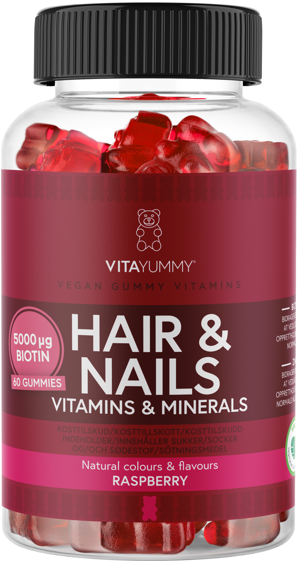 VitaYummy Hair & Nails Vitamins Raspberry 60 tuggtabletter