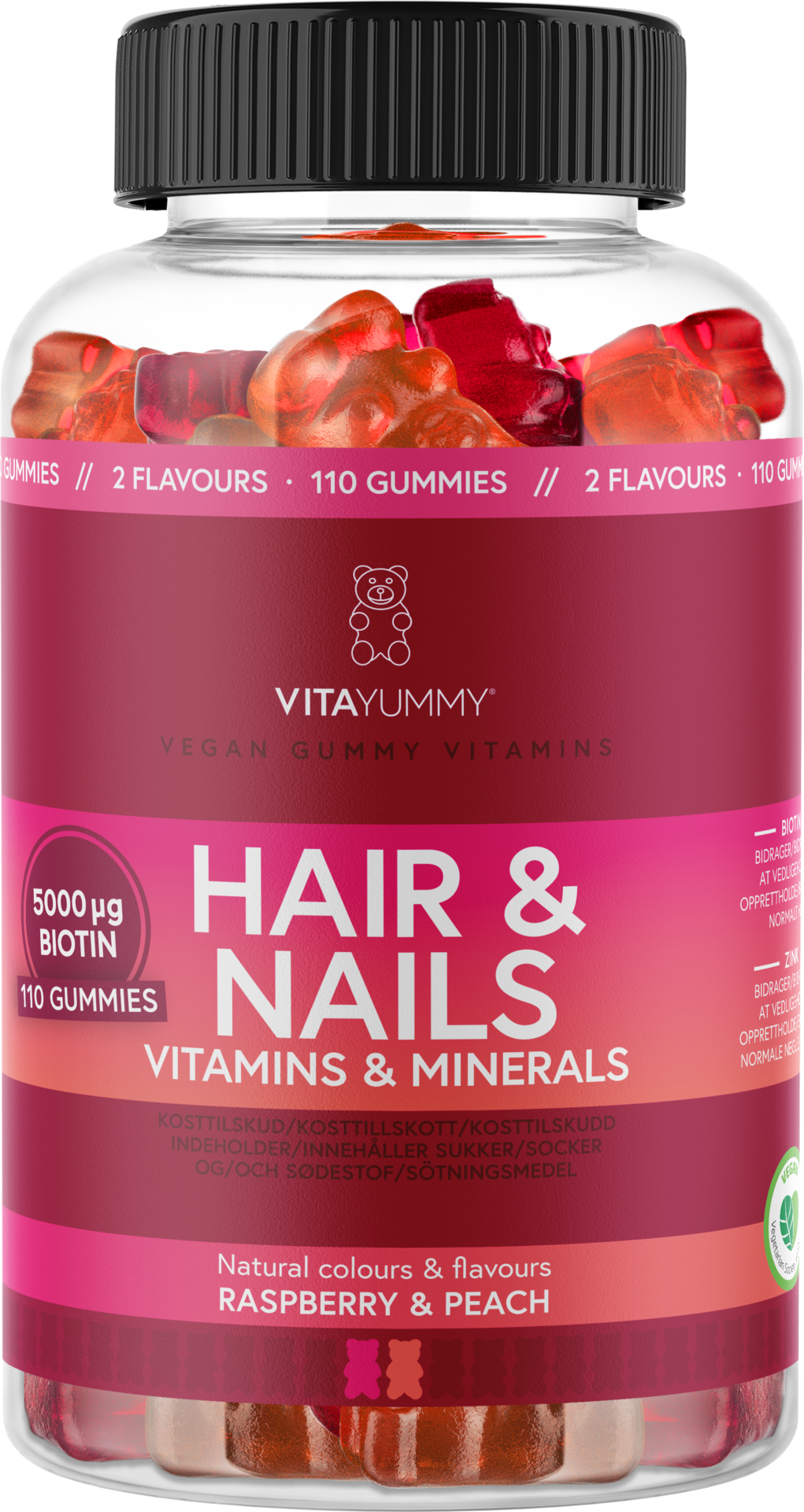 VitaYummy Hair & Nails Mix: Raspberry & Peach Tuggtabletter - 110 st