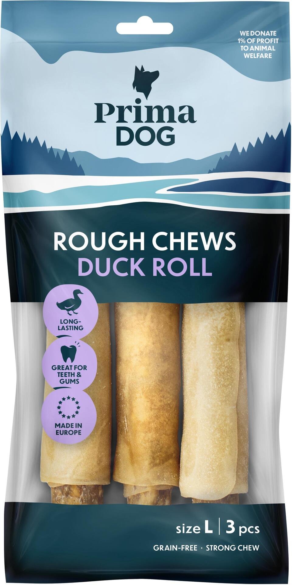 PrimaDog Rough Chews Tuggrulle med Anka L 225 g