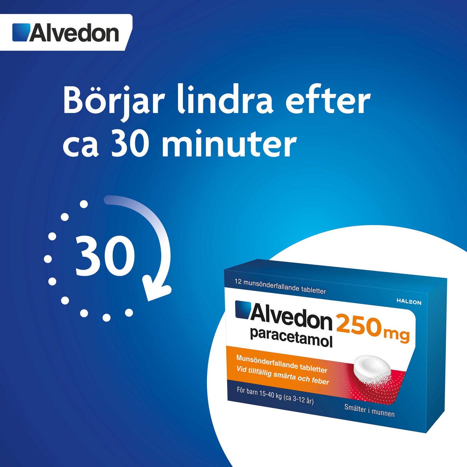 Alvedon 250 mg paracetamol  (15-40 kg) Munsönderfallande Tabletter 12 st