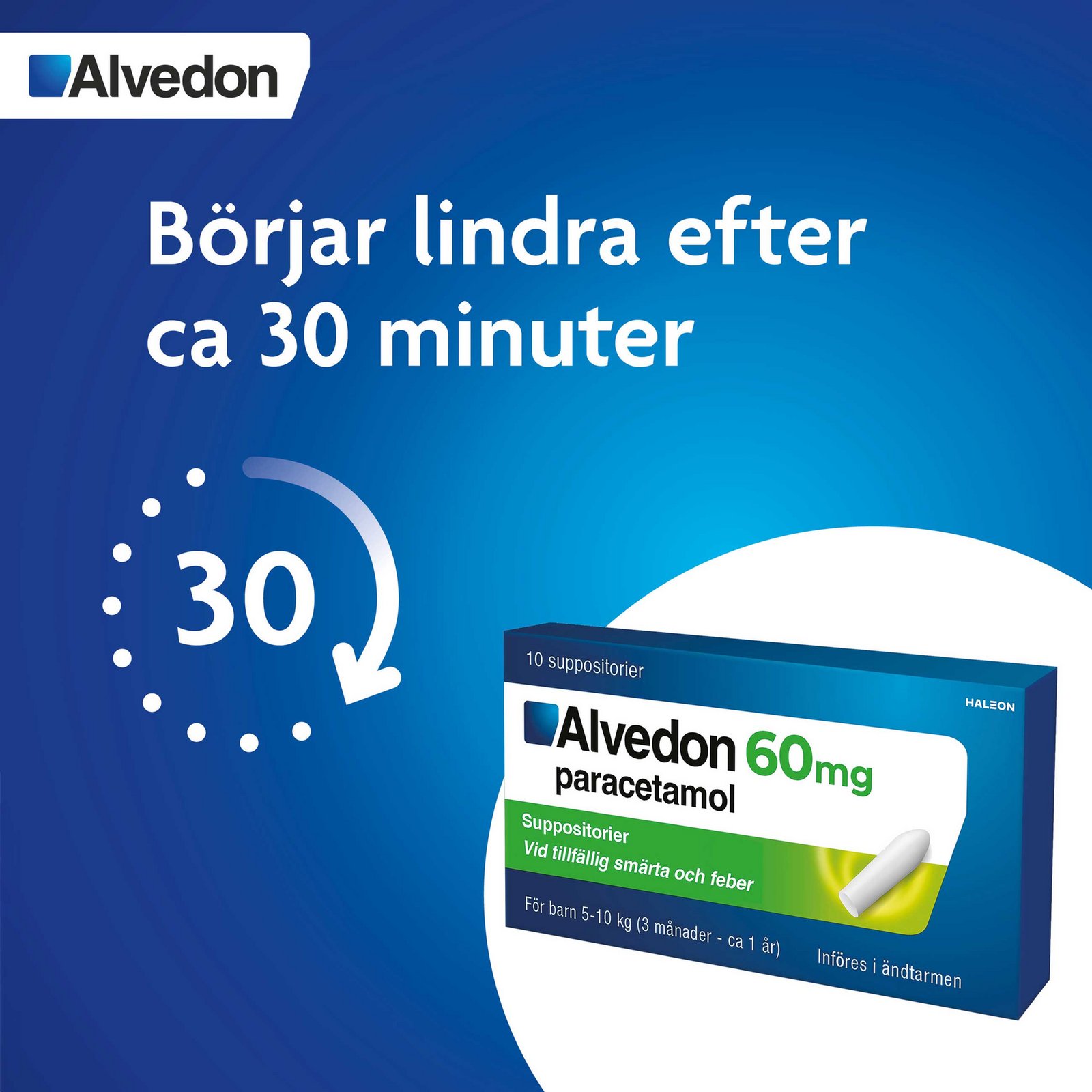 Alvedon Suppositorium 60mg paracetamol (för barn 5-10 kg) 10 st