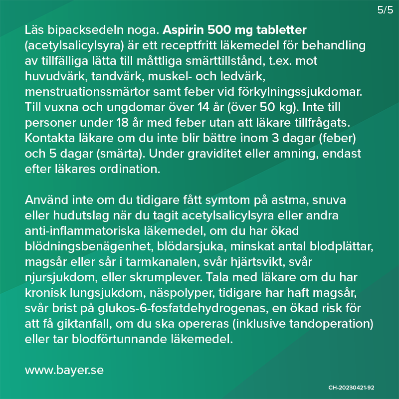 Aspirin 500 mg Acetylsalicylsyra 50 tabletter