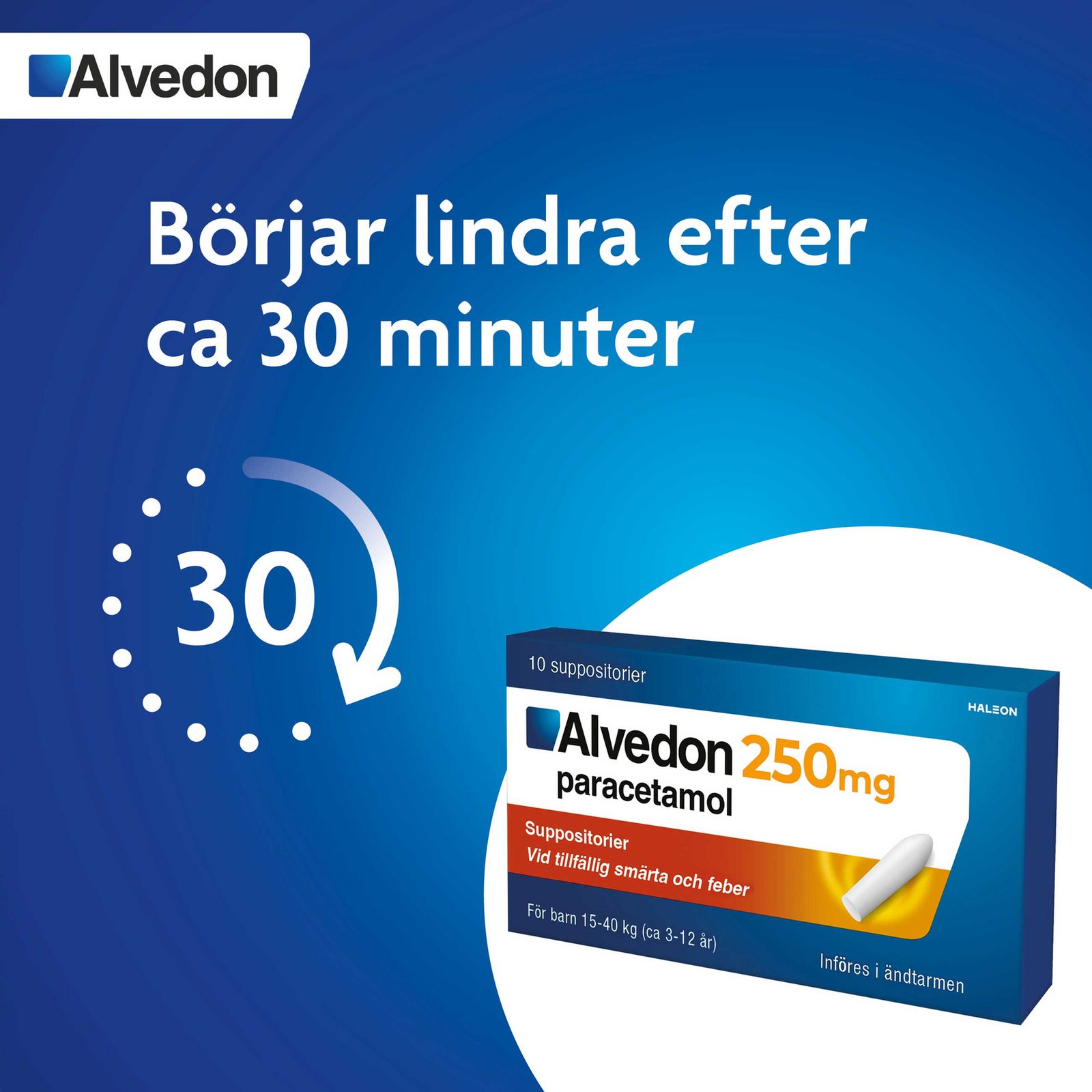 Alvedon Suppositorium 250mg paracetamol (för barn 15-40kg) 10 st