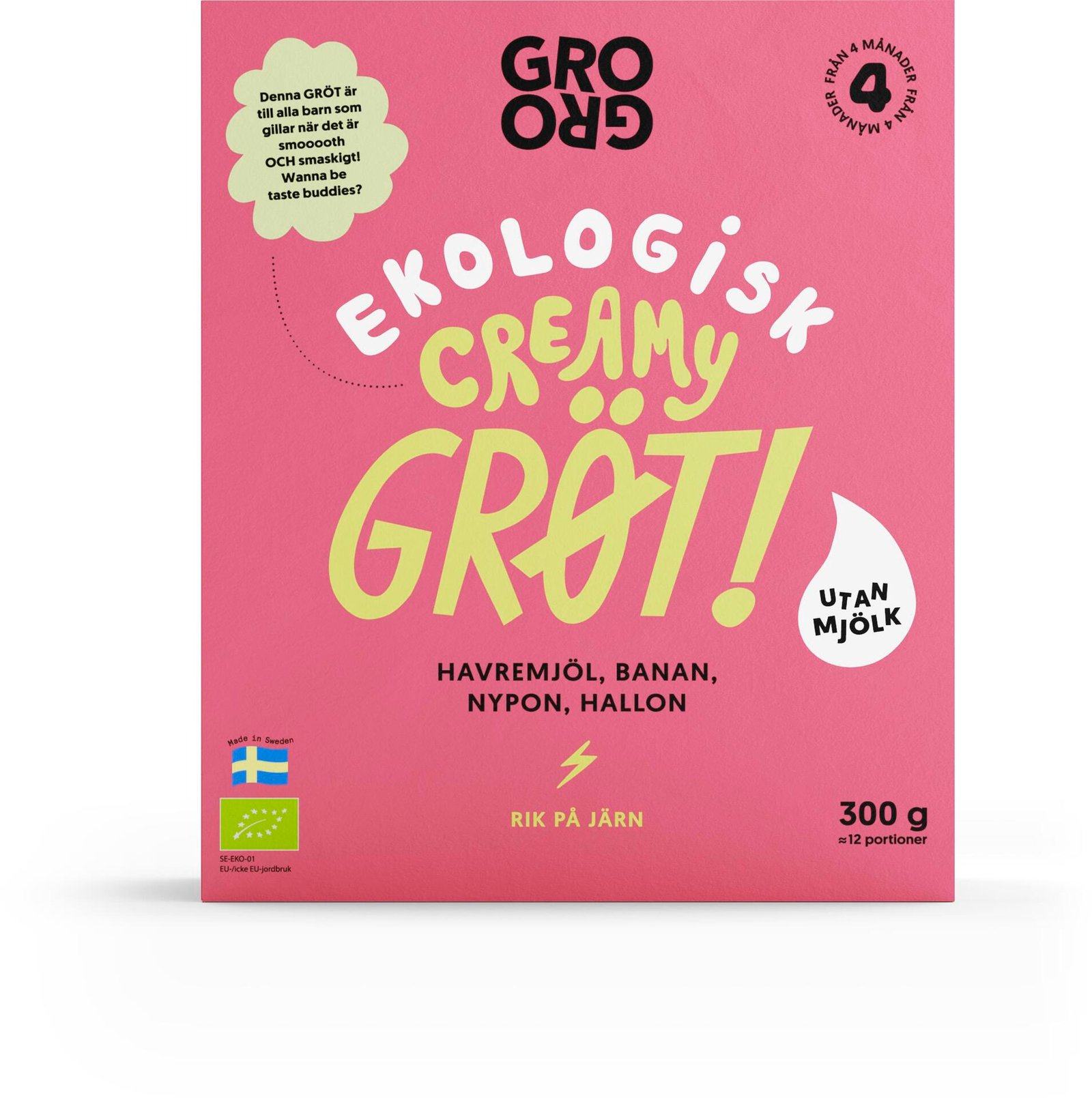 GroGro Creamy Pulvergröt Hallon & Banan 300g