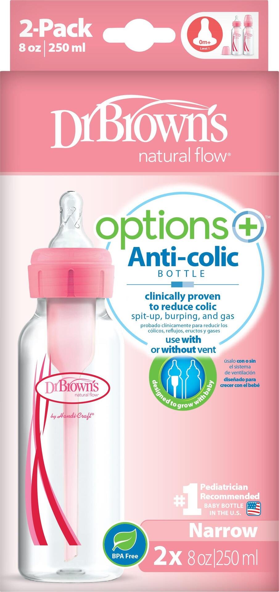 Dr.Brown 250ml Narrow Options+ Bottle Pink 2 st