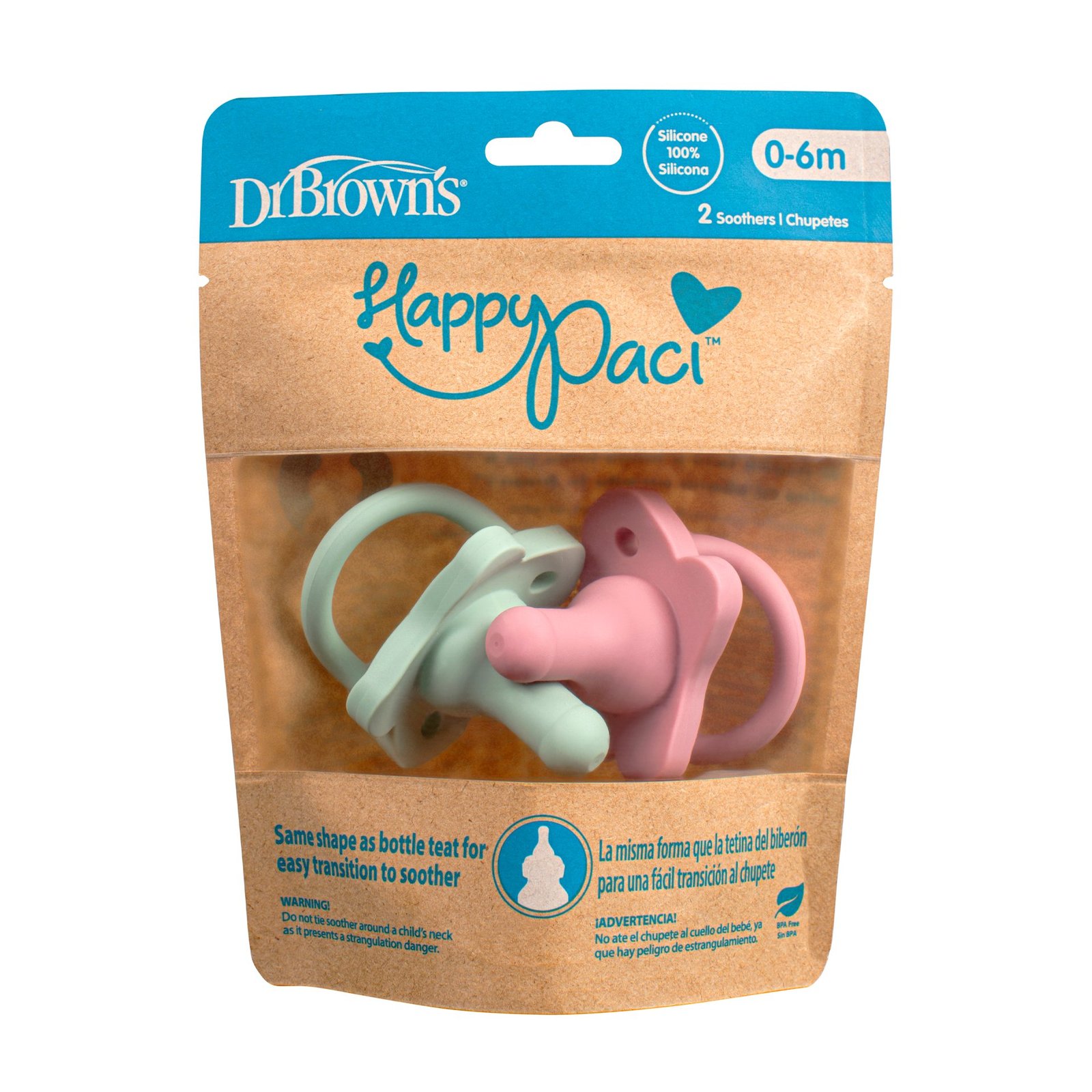 Dr.Brown HappyPaci SiliconeSoother 0-6m Pink/Green 2st