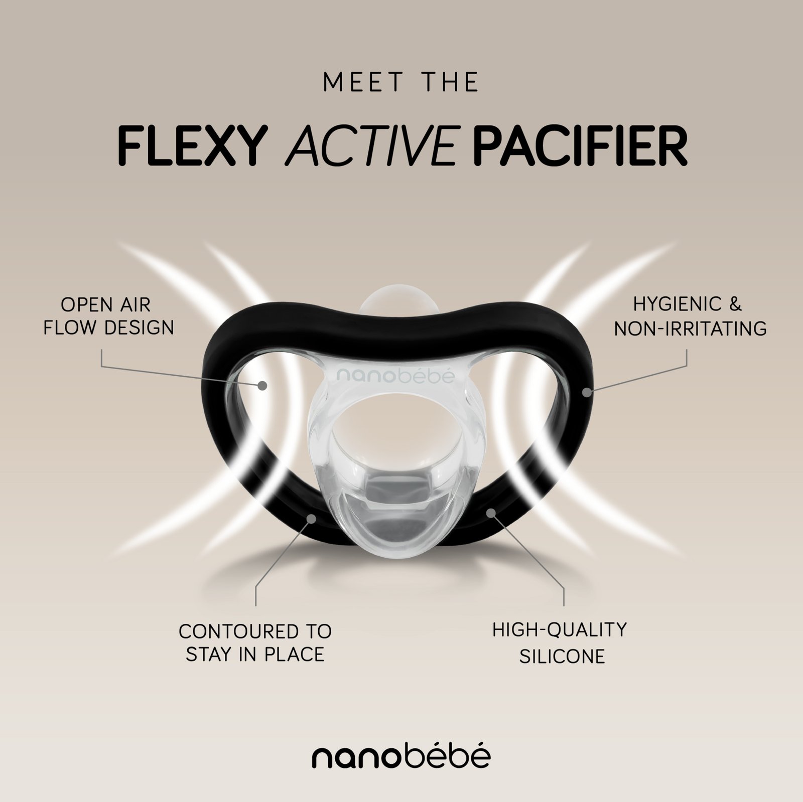 Nanobébé Active Flexy Napp Silikon Svart/Grå 4st
