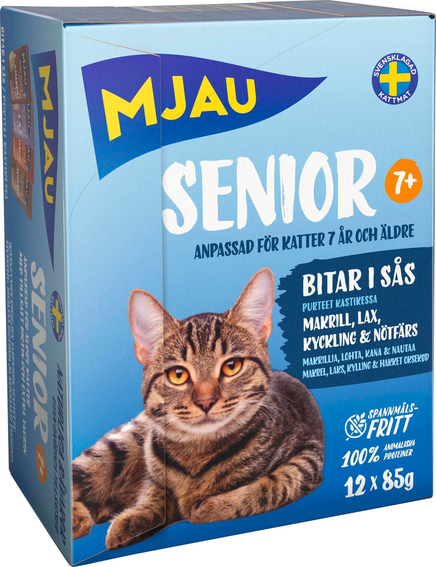 Mjau Senior Våtfoder Makrill, Lax, Kyckling, Nötfärs 12 st x 85g
