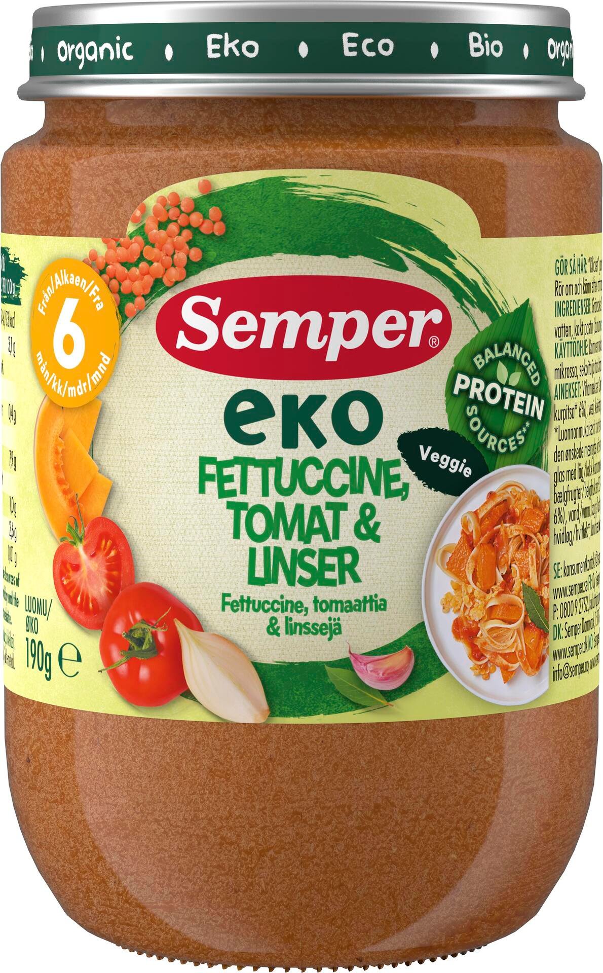 Semper EKO Fettuccine Tomat & Linser 6 månader 190 g