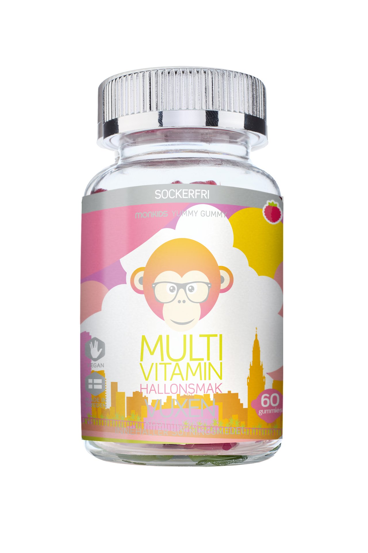 Monkids Multivitamin Sockerfri Vuxen Hallon 60 tuggtabletter