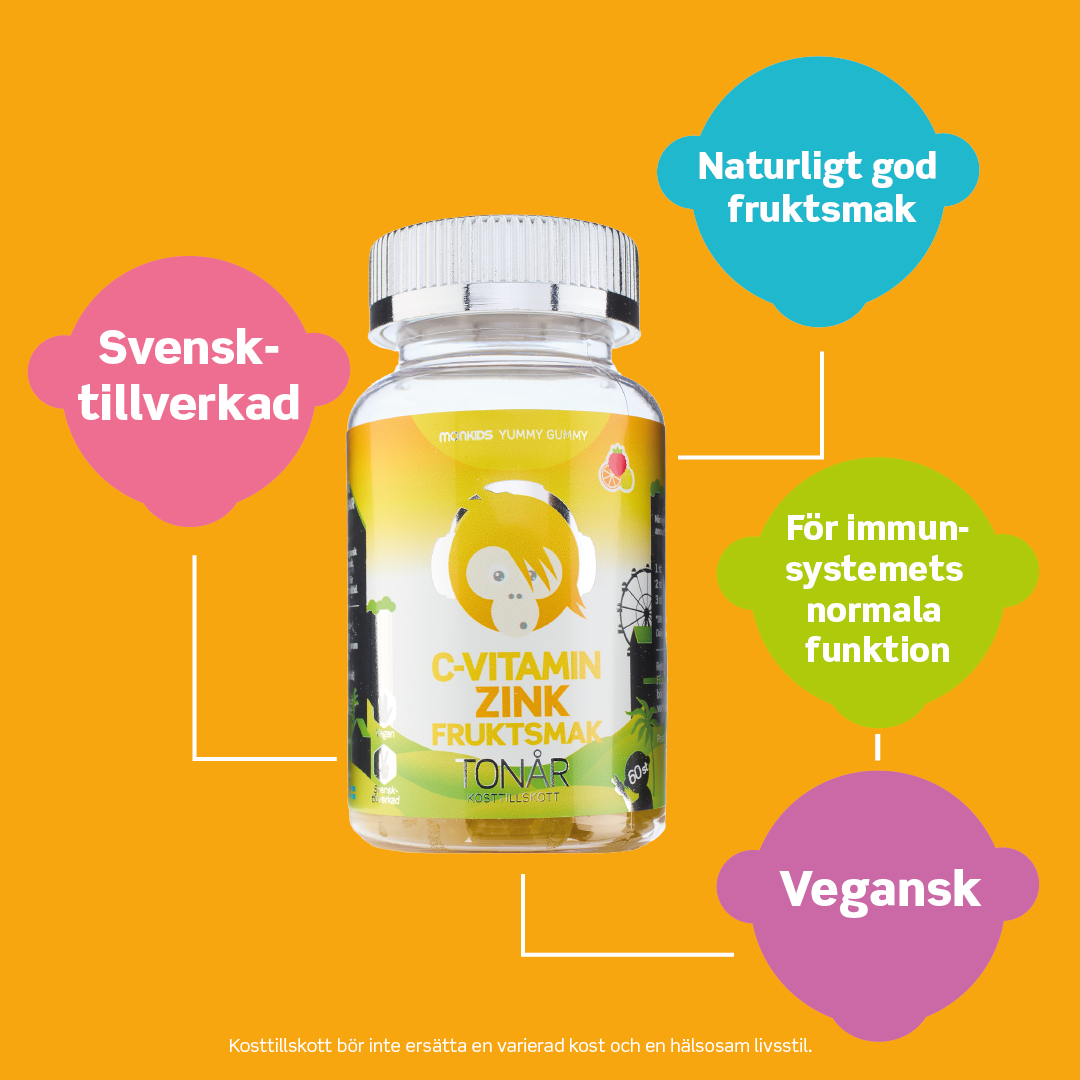 Monkids C-vitamin + Zink Tonår Fruktsmak 60 tuggtabletter