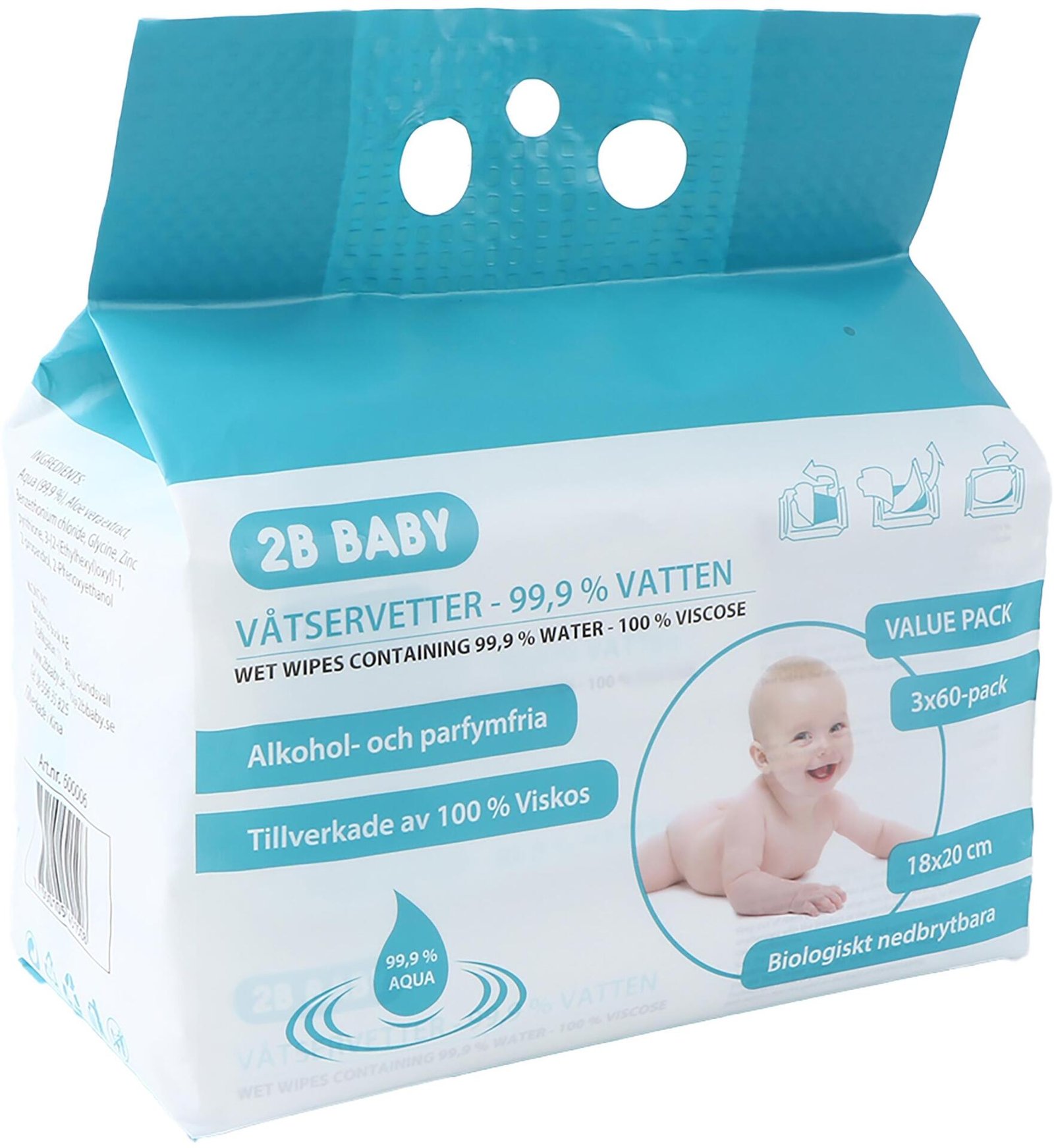 2B Baby Våtservetter 99,9 % Vatten 100 % Viskos 3x60-pack