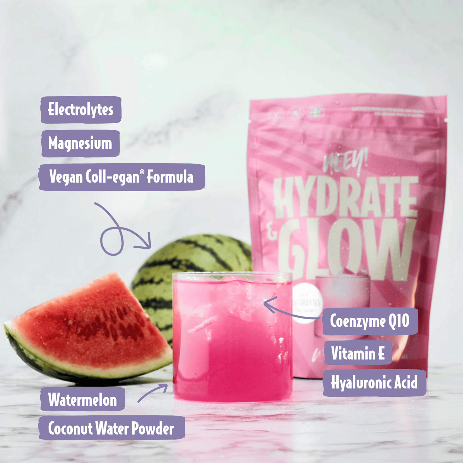 Heey! Hydrate & Glow Elektrolyter + Collegan® Vattenmelon 240g