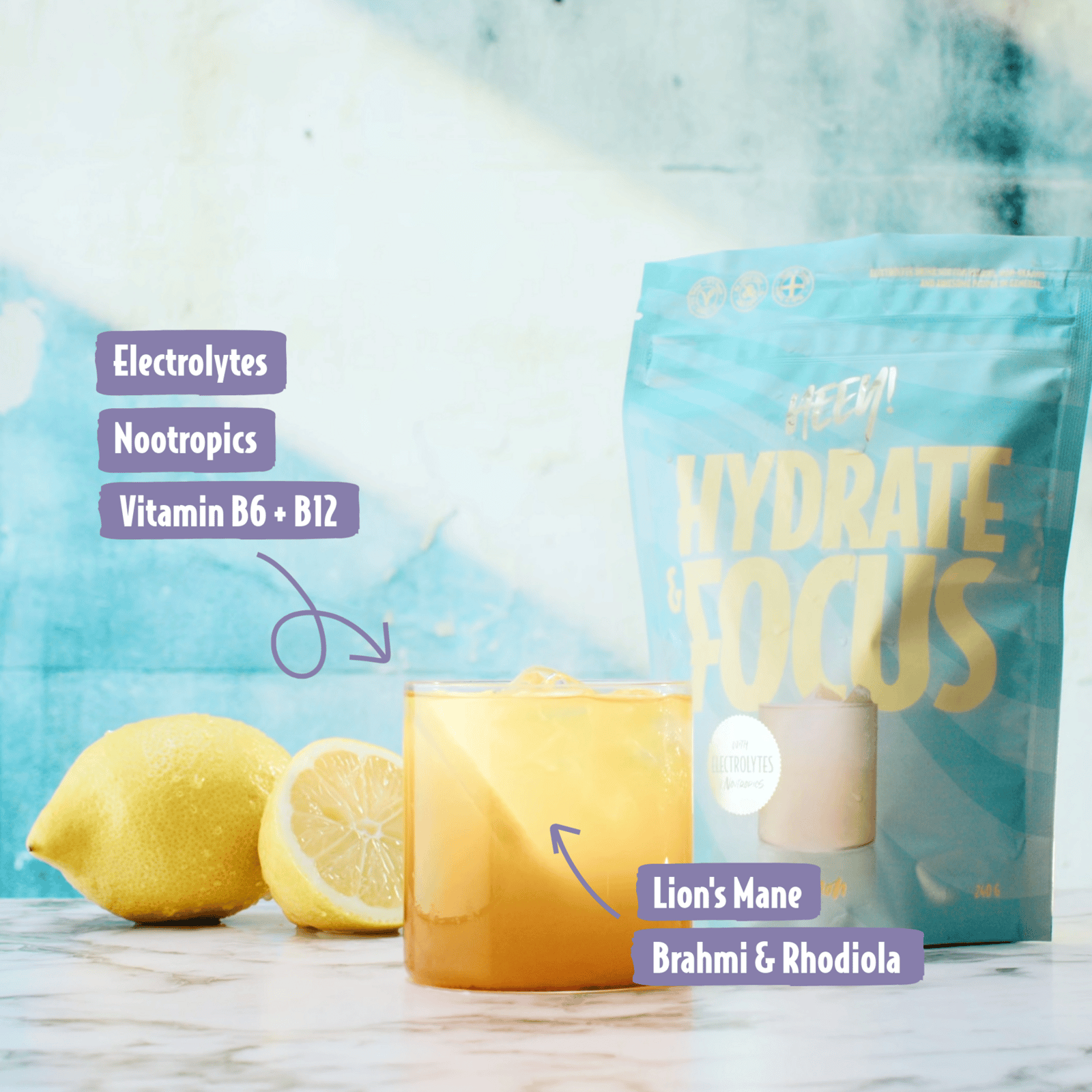 Heey! Hydrate & Focus Elektrolyter + Lions Mane Lemon 240g