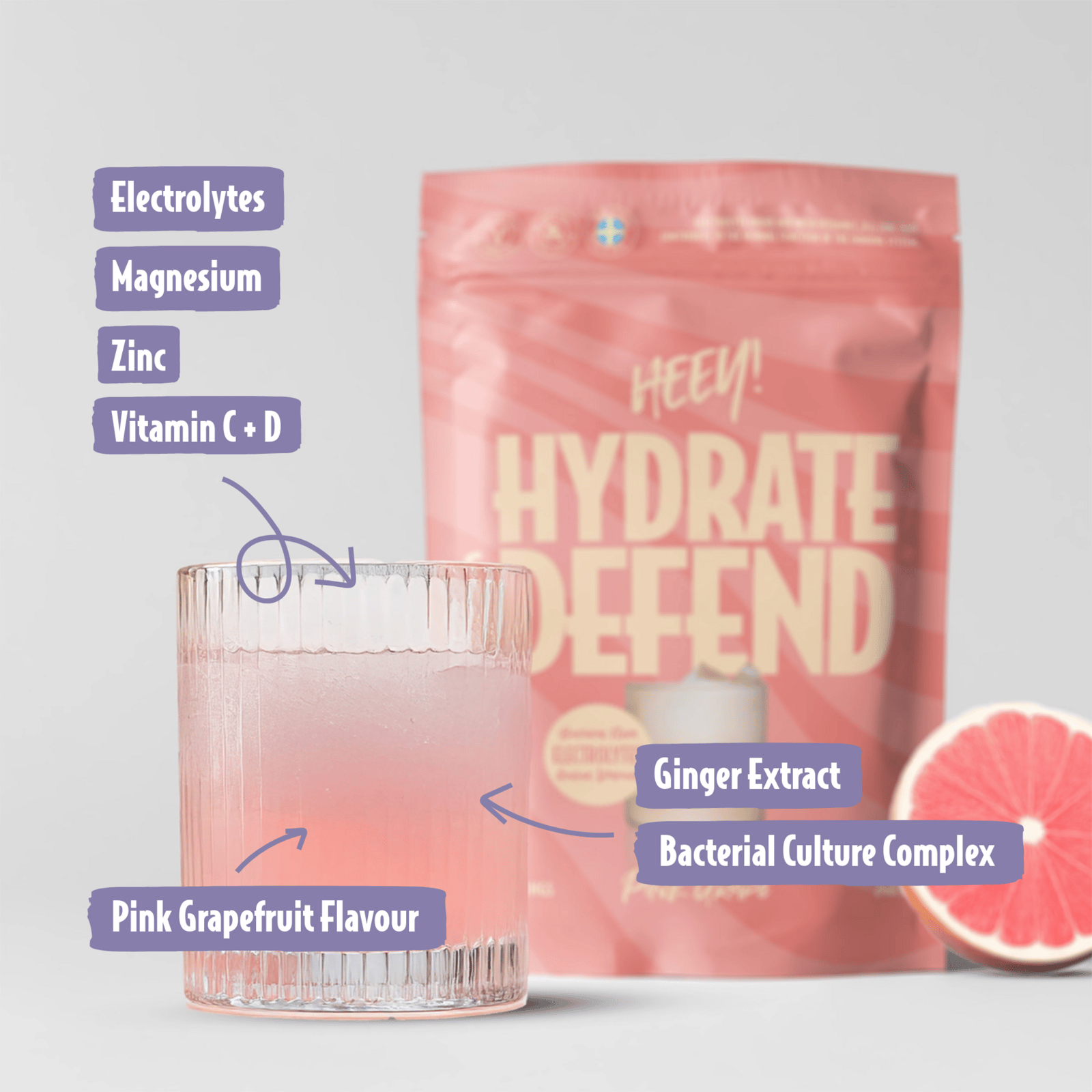 Heey! Hydrate & Defend Electrolytes Pink Grape 240 g