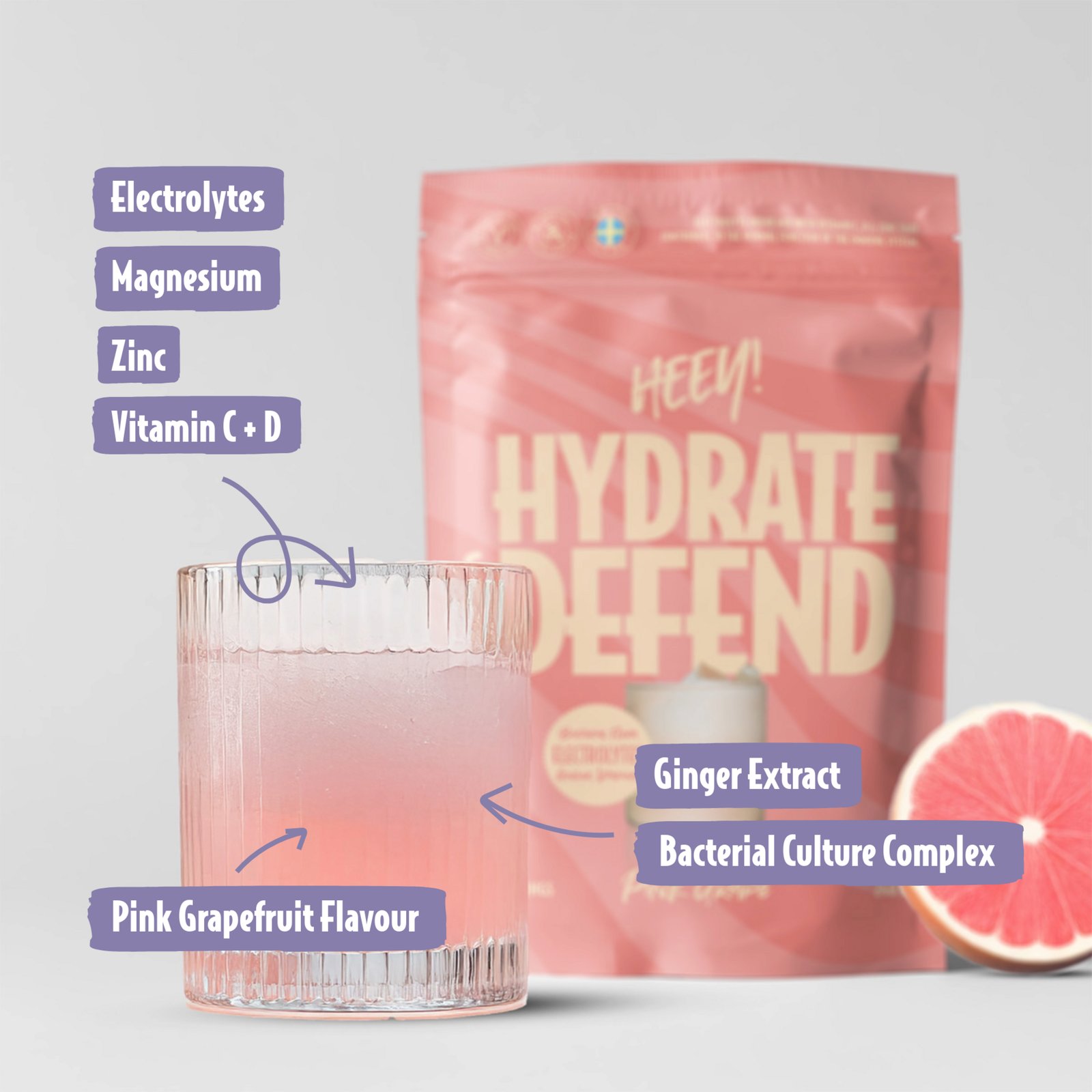 Heey! Hydrate & Defend Electrolytes Pink Grape 240 g