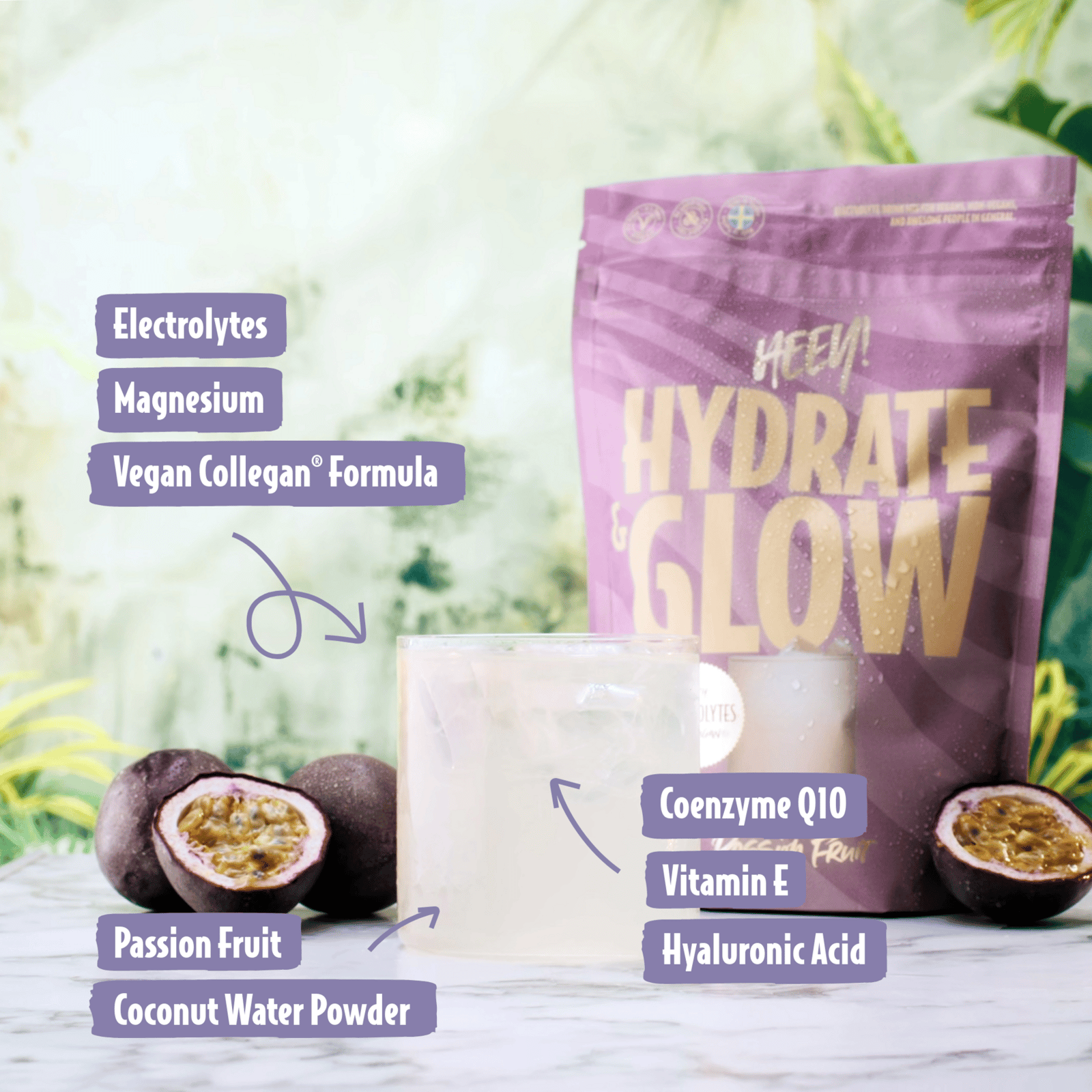 Heey!  Hydrate & Glow Elektrolyter + Collegan® Passionsfrukt 240g