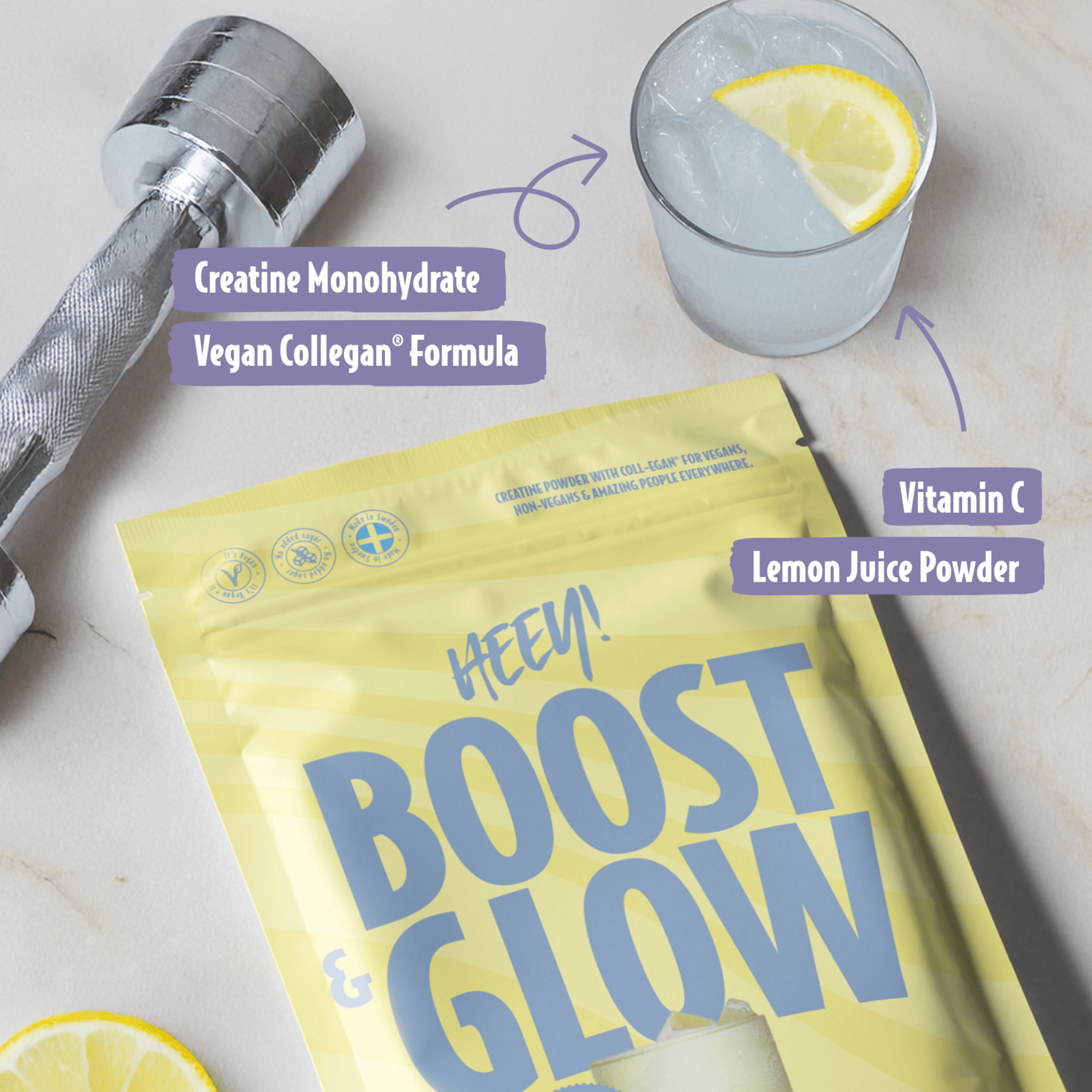 Heey! Boost & Glow Creatine + Collegan® Lemon 300 g
