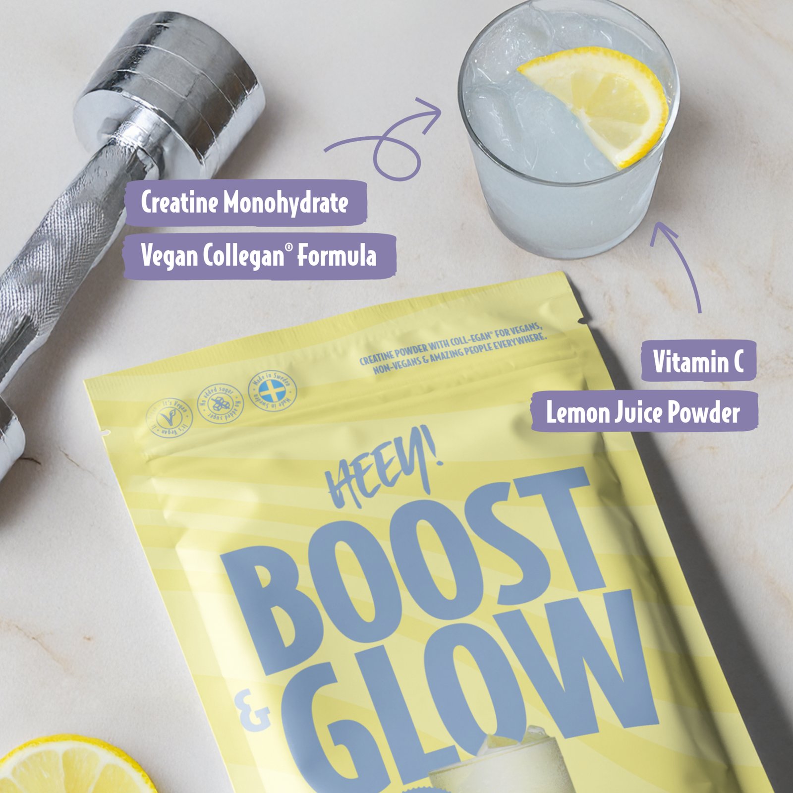 Heey! Boost & Glow Creatine + Collegan® Lemon 300 g