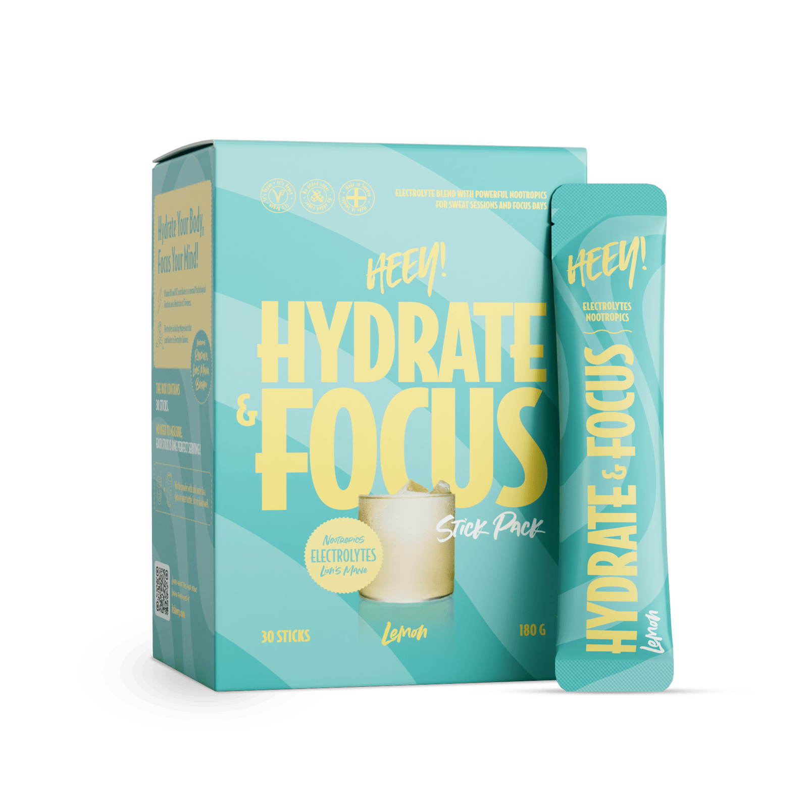 Heey! Hydrate & Focus Elektrolyter + Lions Mane Lemon 30 st